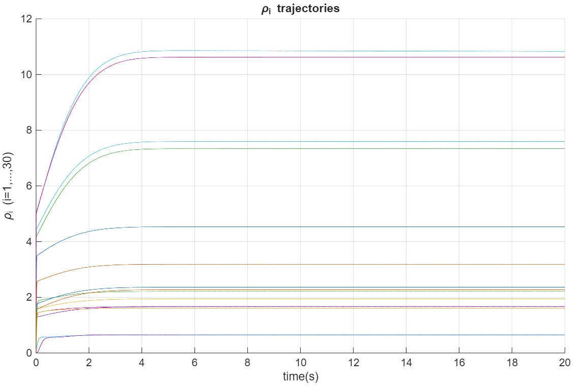 Figure 15: The trajectory of \rho_i for 30-node graph without directed spanning tree.