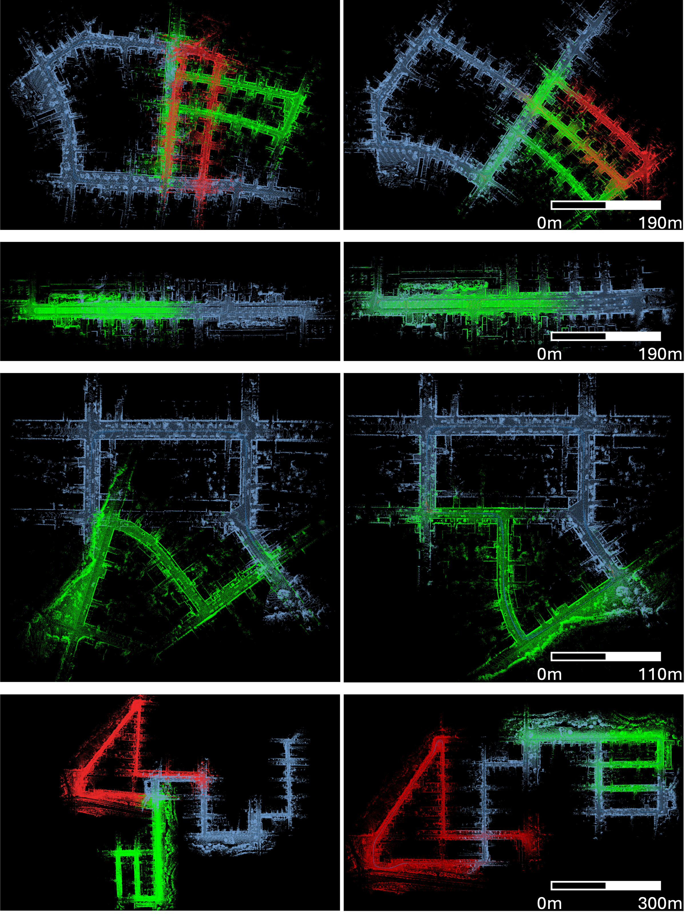 Figure 10: Additional KITTI Map merging results. The first column shows the unaligned sessions from KITTI 05, 06, 07, and 08, while the second column presents the corresponding merged maps.