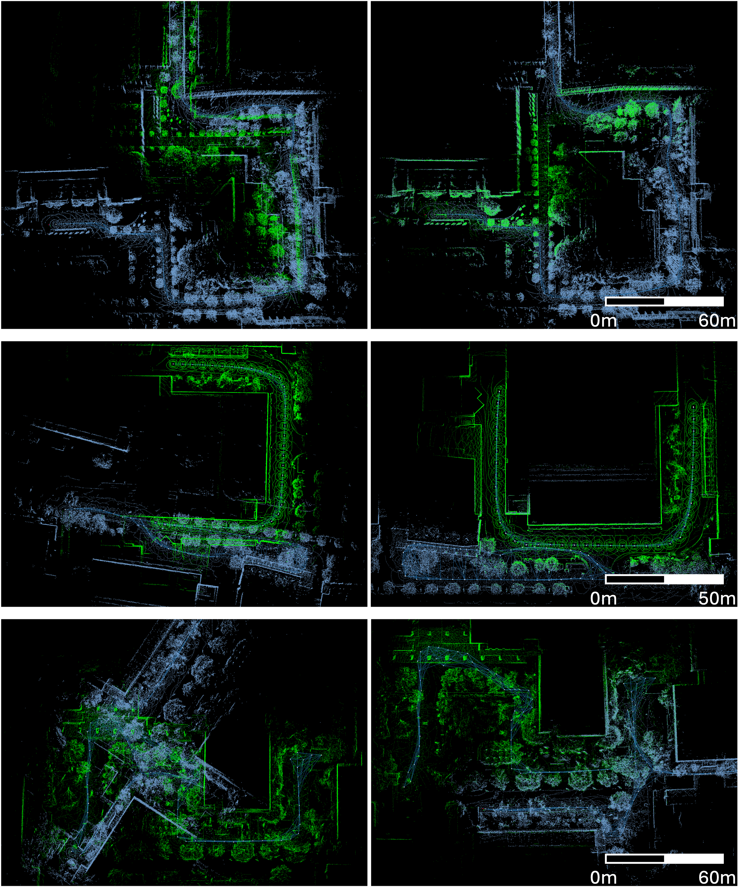 Figure 11: Additional UCLA Map merging results. The first column shows the unaligned sessions from UCLA West Campus, Engineering IV West, and Bunche Hall East, while the second column presents the corresponding merged maps.