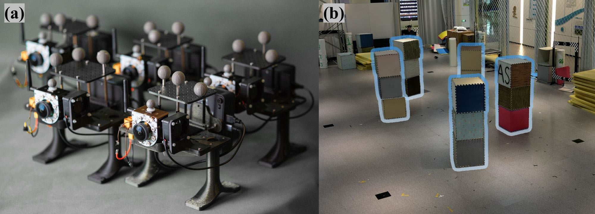 Figure 19: The experiment environment of CREPES-X. (a) The environment of NLOS experiments. (b) The platform of five CREPES-X devices.