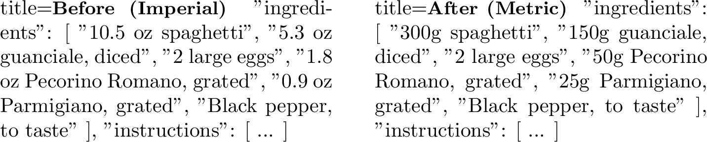 Figure 3: Example of imperial-to-metric conversion applied to a carbonara recipe. Instructions omitted for brevity.