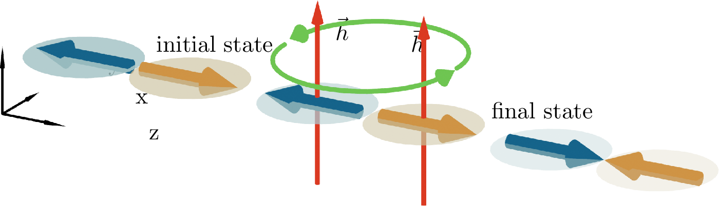 Figure 1: Illustration of the manipulation of the sublattice magnetization. The initial state is shown on the left with two linked sublattices. The arrows in the circles show the sublattice magnetization direction. A uniform magnetic field is applied to switch the order (shown in the middle) and the final switched state is obtained (shown on the right). Round green arrows indicate the Larmor precession of the sublattice spins.