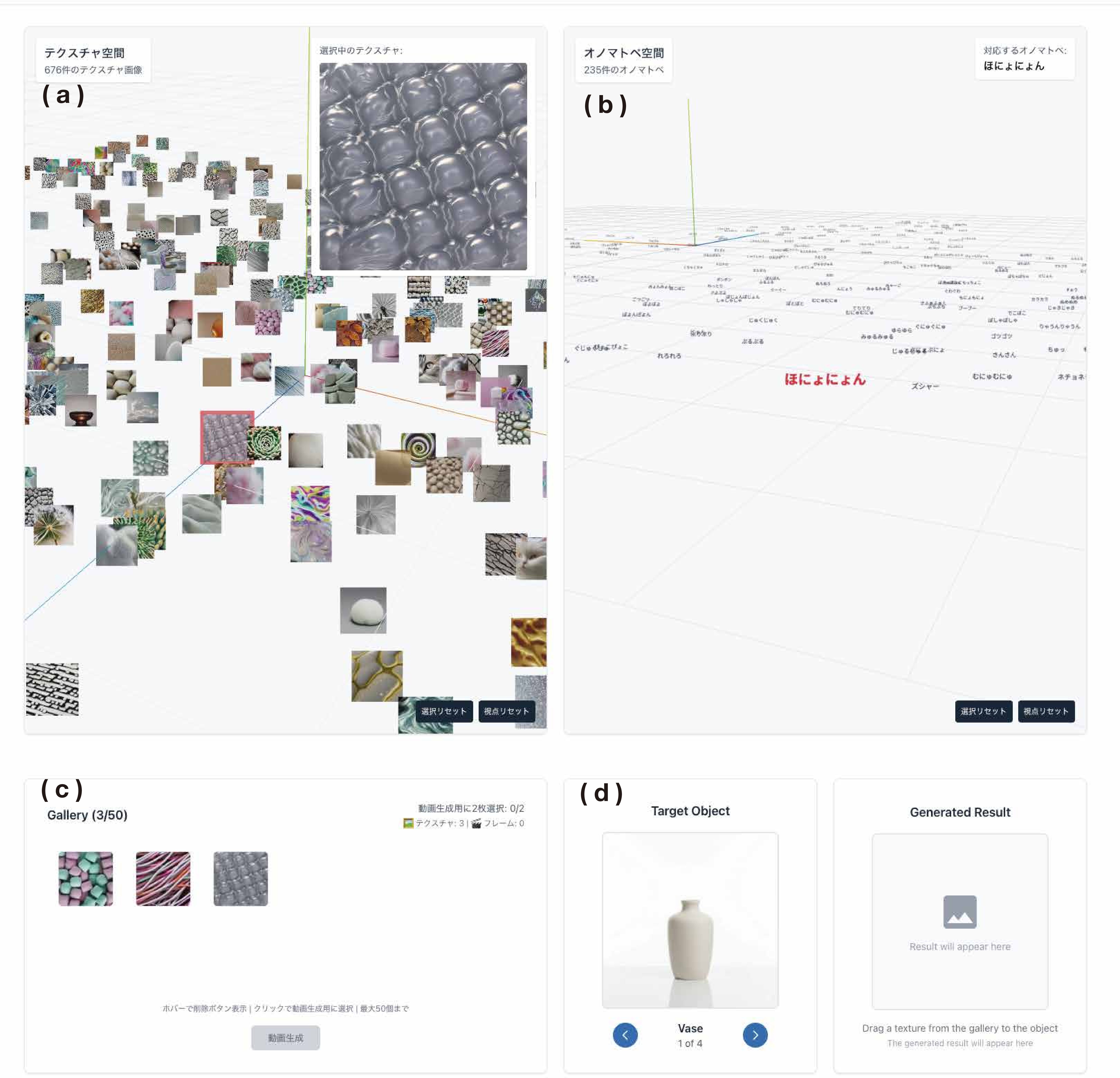 Figure 2: The user interface of the proposed system. (a) Texture Space: A scatter plot of texture images arranged based on visual features. (b) Onomatopoeia Space: A scatter plot of onomatopoeic terms arranged by text-embedding similarity of the LLM-generated prompt descriptions (written to reflect sound-symbolic impressions; e.g., "Honyonyon"). (c) Gallery and Preview: An area for managing selected textures and simulating their application onto a target object (e.g., a vase).