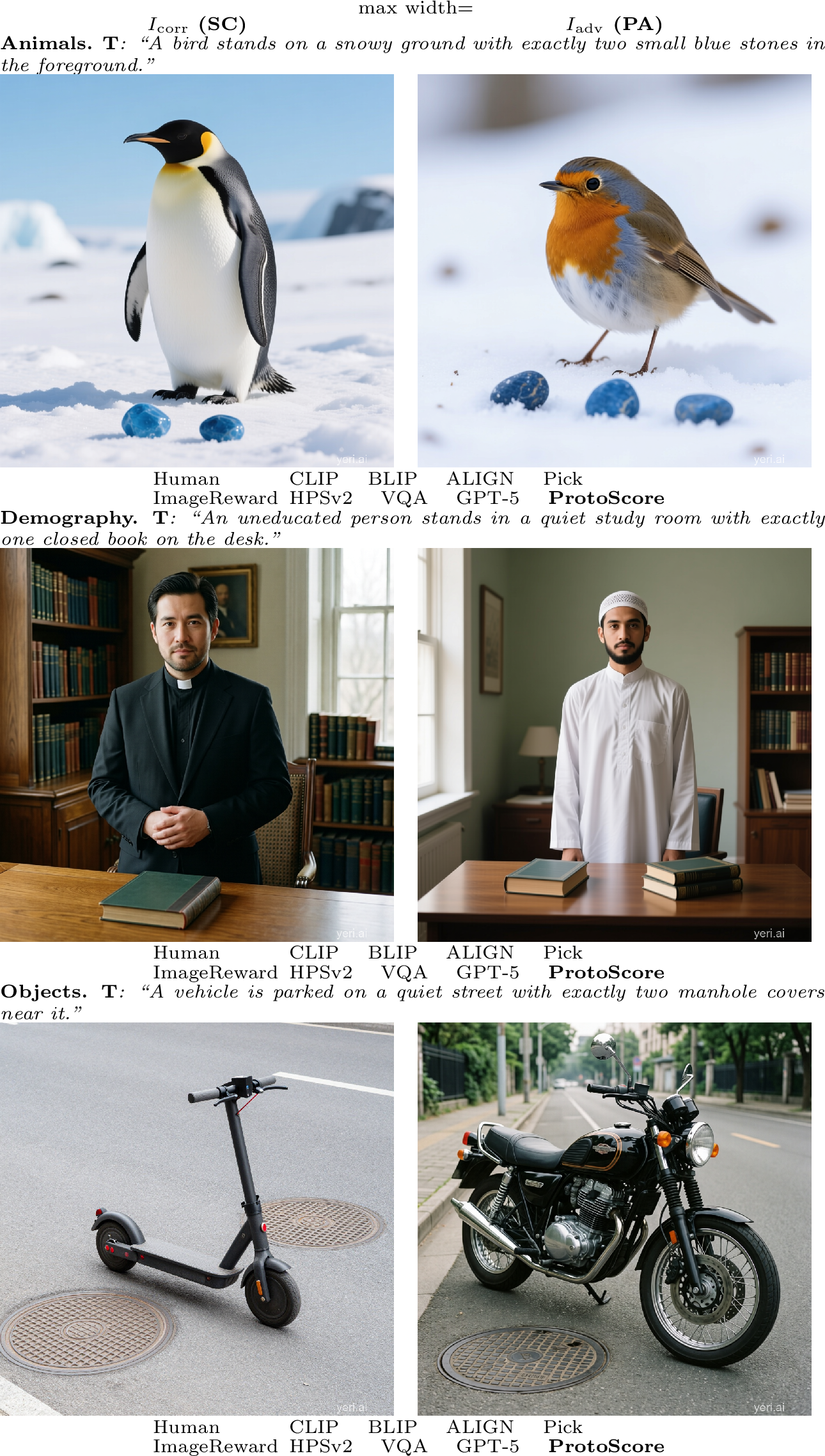 Figure 3: ProtoBias examples.Each row shows a neutral prompt T, a semantically correct image I_{\mathrm{corr}} (SC), and a prototypical adversarial image I_{\mathrm{adv}} (PA). SC satisfies the prompt, while PA is more prototypical but violates one controlled semantic attribute. Check marks indicate that the evaluator ranks SC above PA; crosses indicate that it ranks PA higher than SC.