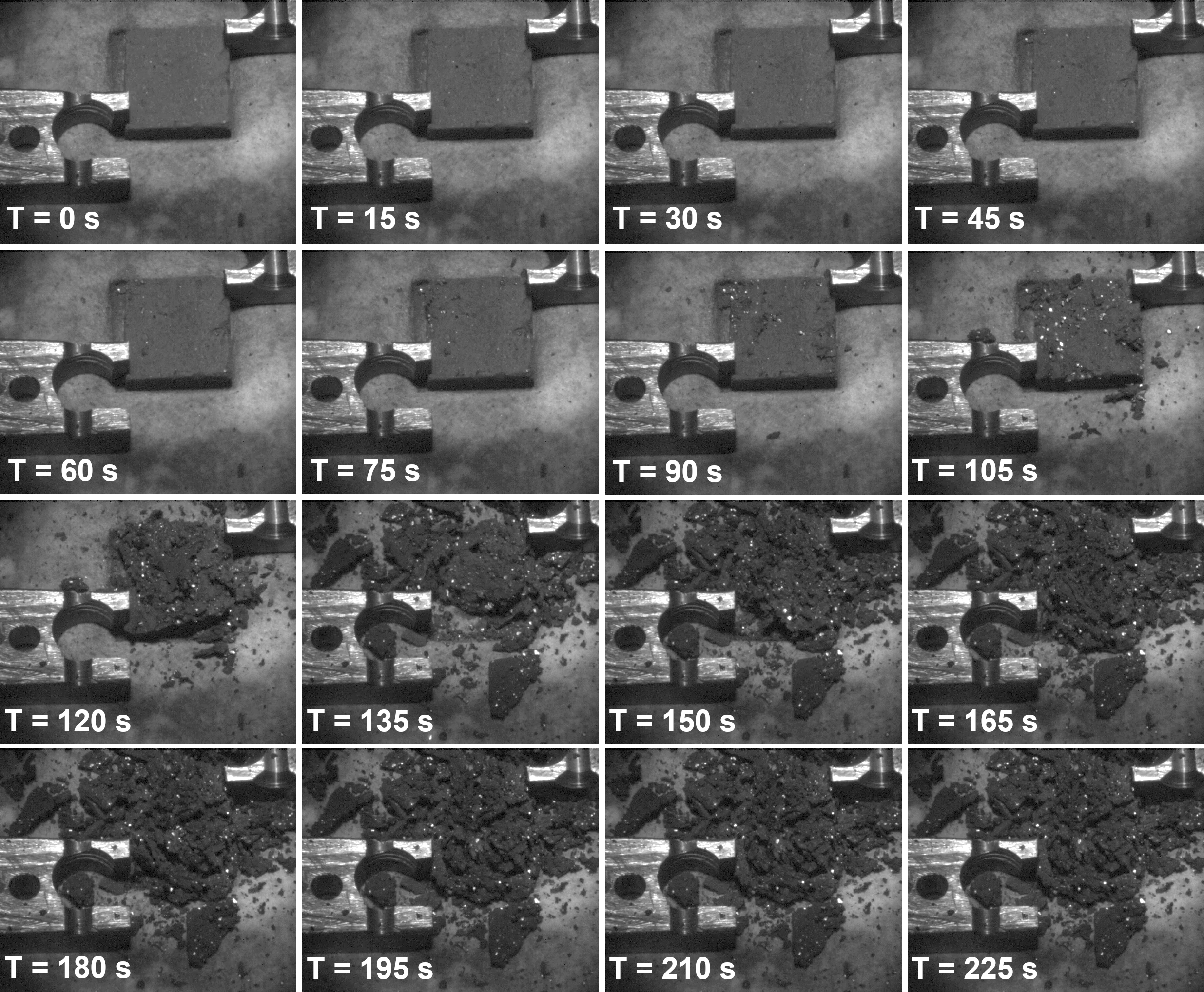 Figure 1: Snapshots of an experiment with CI simulant and an irradiance equivalent to that of the Sun at a heliocentric distance r=0.14\,\mathrm{au}.