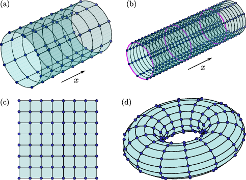 Figure 2: 2D geometries considered in Sec. 4: (a) L\times L lattice on a cylinder with PBC in the y direction, (b) long L_x\times L cylinder with L_x=2^k L, (c) L\times L square with OBC in both directions, (d) L\times L lattice on a torus, i.e., PBC in both directions.