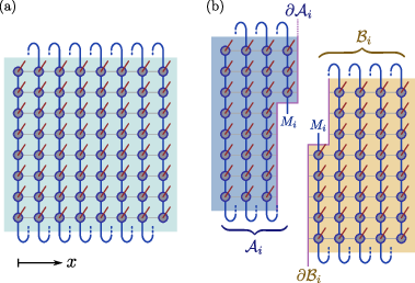 Figure 3: (a) In MPS simulations for 2D systems, we can arrange the MPS sites along a Hamiltonian path that covers the entire lattice, following trails that fully traverse the system in the y direction before progressing in x direction. (b) Cutting the MPS tensor network at bond i corresponds to a spatial bipartition into subsystems \mathcal{A}_i and \mathcal{B}_i. With Eq. 1 , the bond dimensions M_i needed to achieve a certain approximation accuracy can be bounded from above and below by associated Rényi entanglement entropies S_{\alpha,i} of the target state. For area-law systems, S_{\alpha,i} is proportional to the interface area |\partial A_i|.