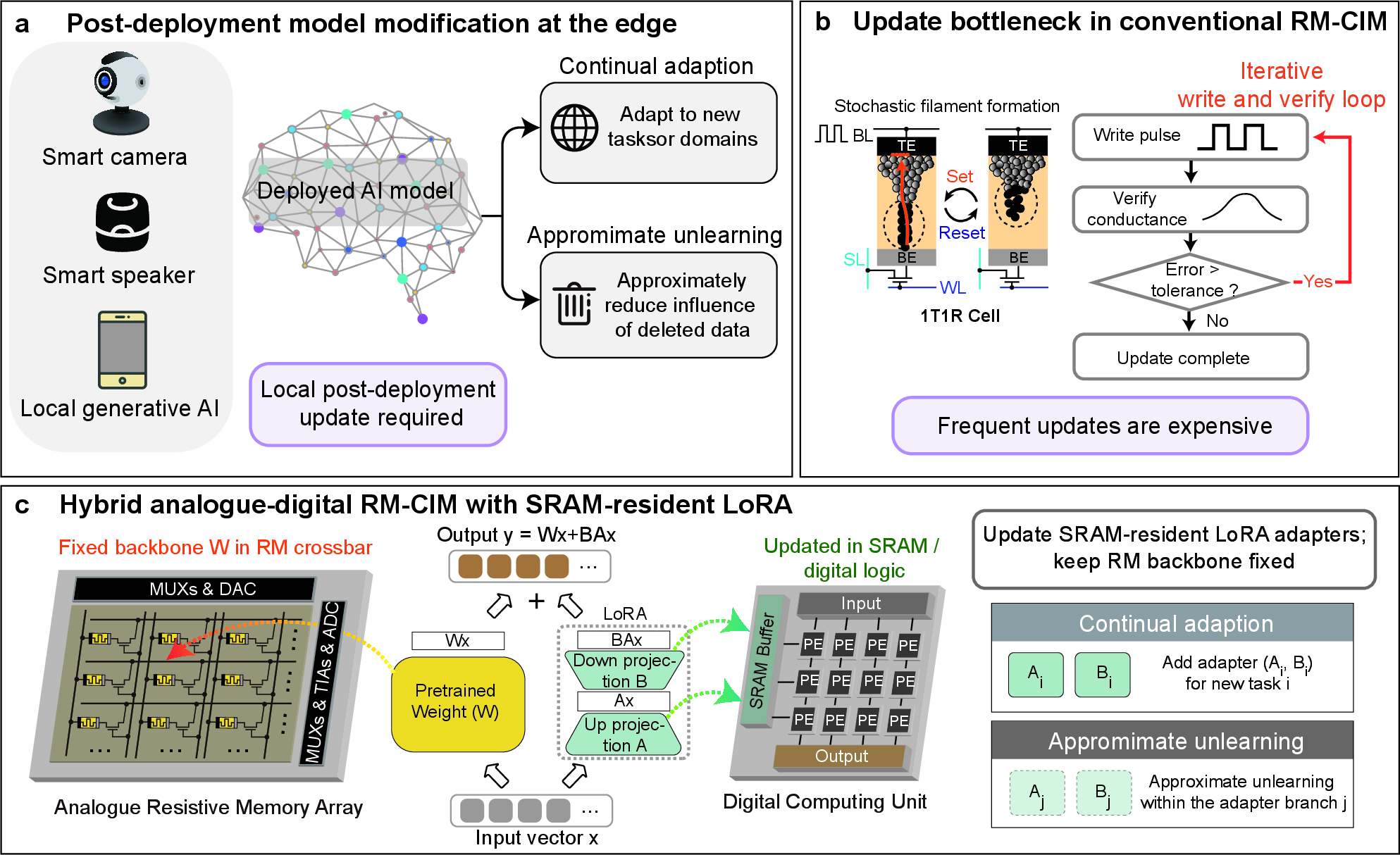 Figure 1: Hardware–software co-design for LoRA-based approximate machine unlearning and continual learning on a hybrid analogue–digital RM-CIM system. a, Edge AI models deployed on personal devices may require local post-deployment modification to support continual adaptation to new tasks or domains and approximate unlearning of deleted or sensitive data. b, In conventional RM-CIM accelerators, stochastic and device-dependent resistive-memory programming requires iterative write-and-verify operations to set mapped analogue weights to target conductance states. Frequent weight updates therefore incur substantial energy and latency overheads and may accumulate programming errors, creating an update bottleneck for adaptive learning. c, Proposed hybrid analogue–digital RM-CIM architecture with SRAM-resident LoRA adapters. The fixed pretrained backbone weights are mapped to analogue resistive-memory crossbars for efficient matrix–vector multiplication, while lightweight LoRA branches are stored and updated in SRAM-connected digital compute units. Post-deployment continual adaptation and approximate unlearning are therefore confined to the digital LoRA parameters, avoiding repeated reprogramming of the analogue RM backbone.