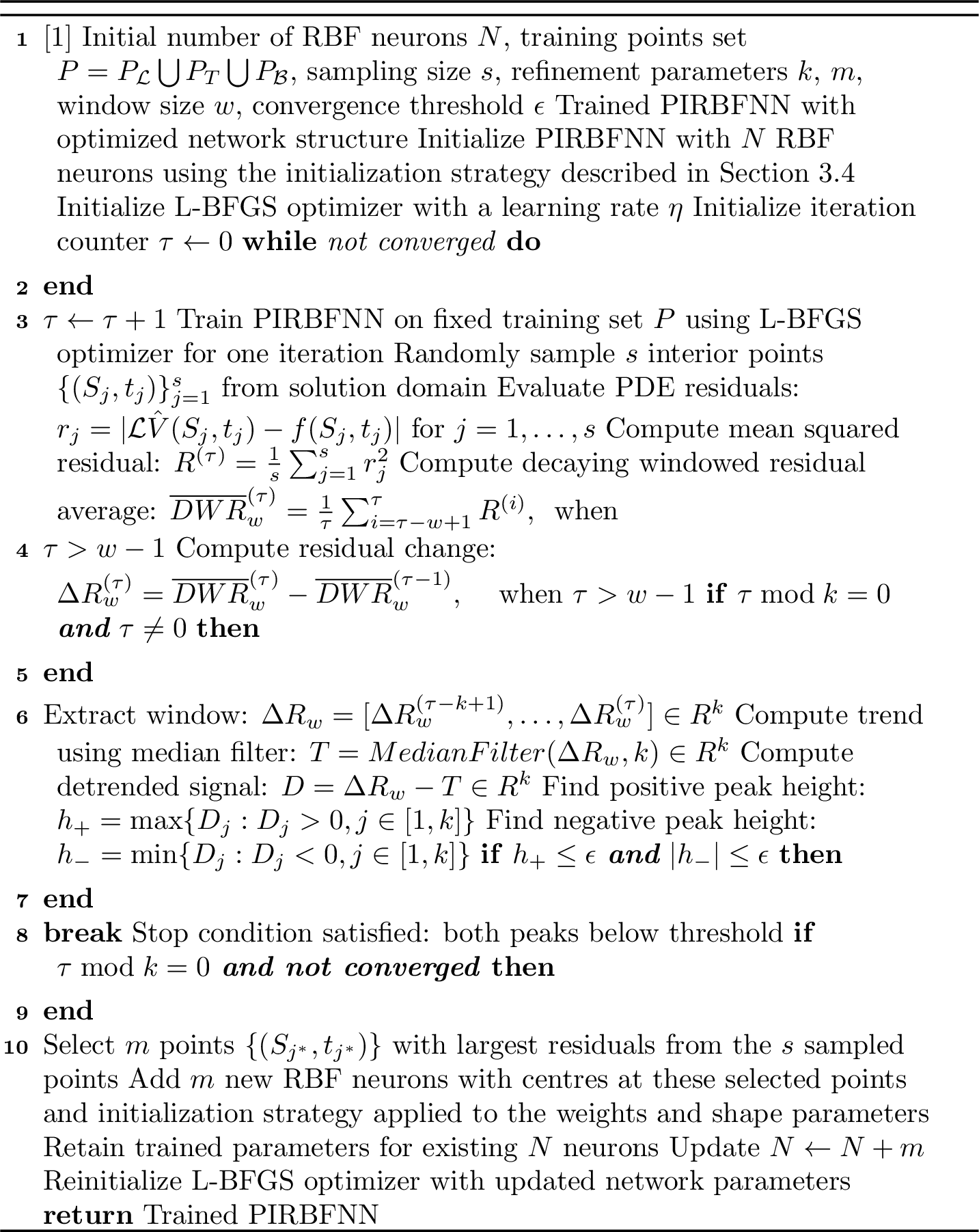 Figure 1: Residual-based adaptive training algorithm for PIRBFNN