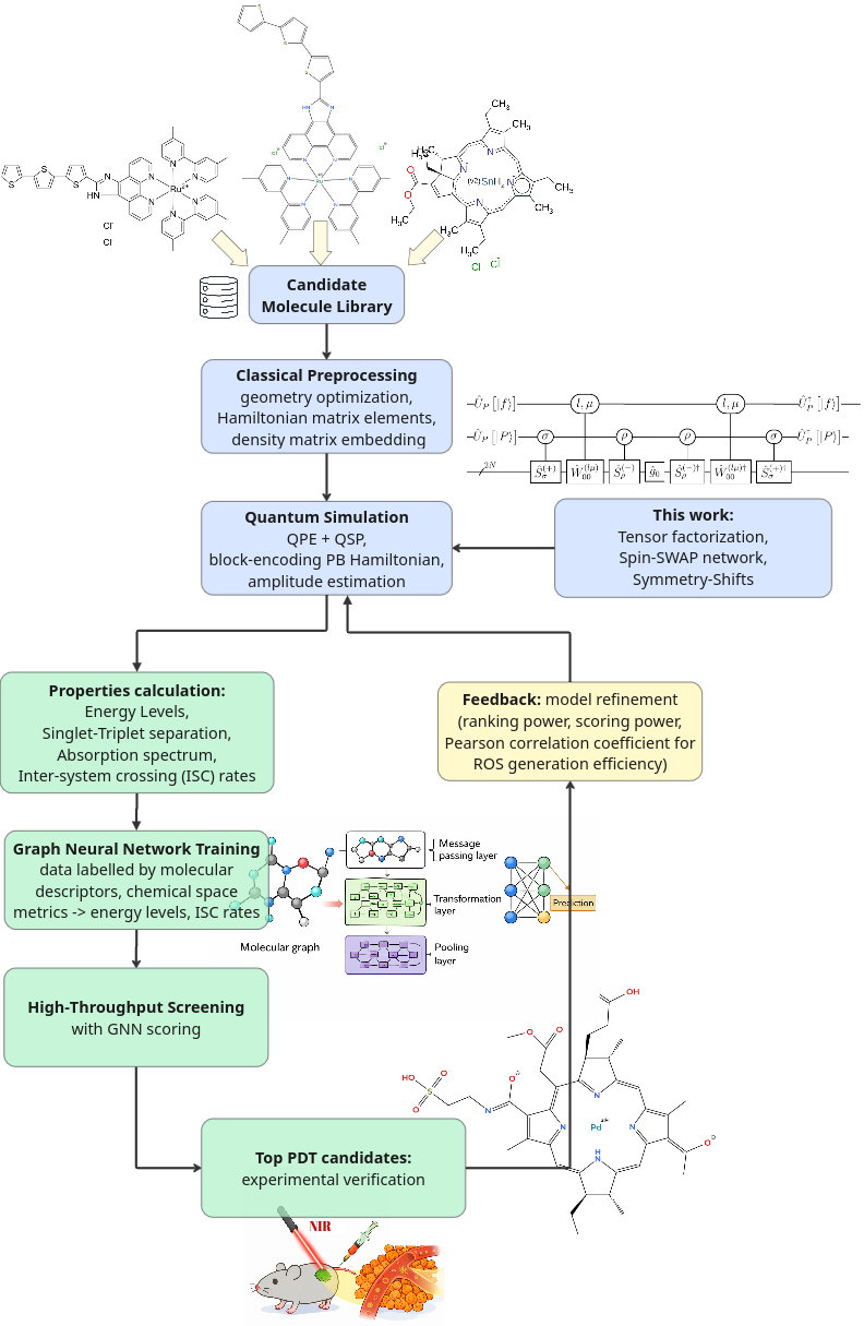Figure 14: High-level workflow of the hybrid quantum–classical pipeline for photodynamic therapy drug design. A fault-tolerant quantum algorithm computes key photophysical properties (singlet/triplet energies, spin–orbit couplings and intersystem crossing rates) for a selection of candidate molecules. These quantum-derived results then train a graph neural network model, which can rapidly predict properties for large libraries of new molecules. The GNN-guided screening identifies top candidates with desired absorption and ROS-generating characteristics. Subsequent experimental feedback helps establishing key metrics for quantum model refinement.
