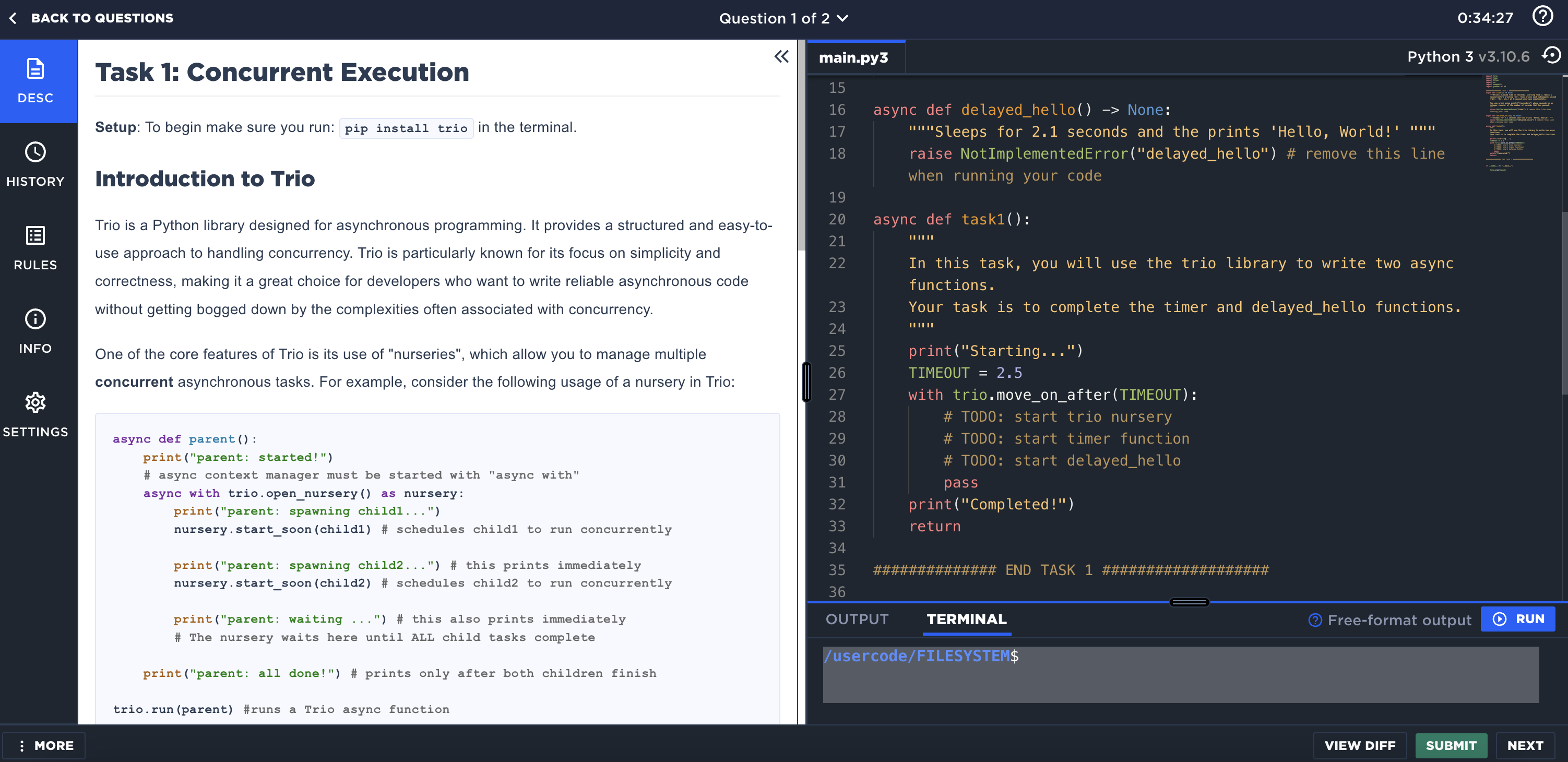 Figure 20: Screenshot of the task platform in the control condition. The instructions are on the left and the coding editor is on the right.