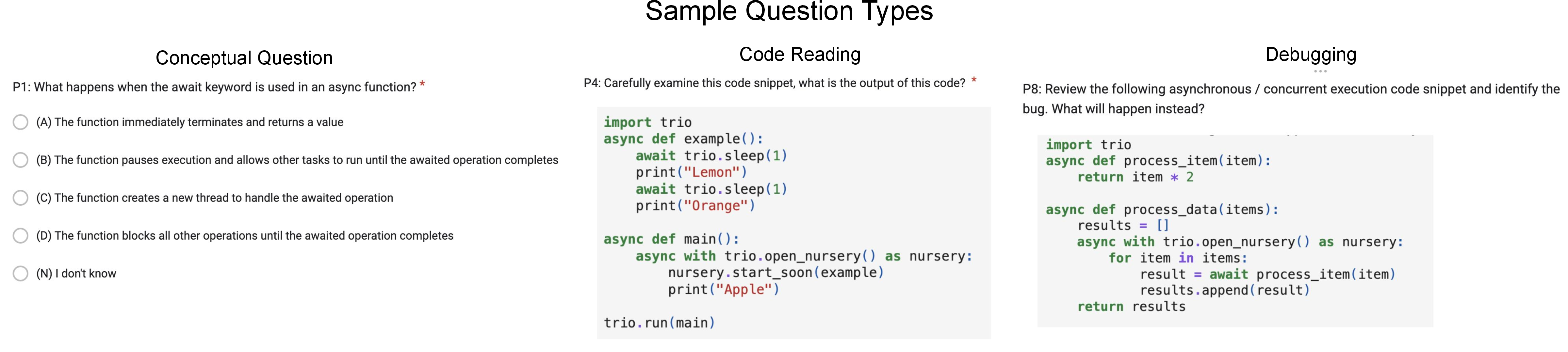 Figure 17: Example question types from our evaluation. We designed the evaluation to test three different software skills: conceputal understanding, code reading, and code writing.