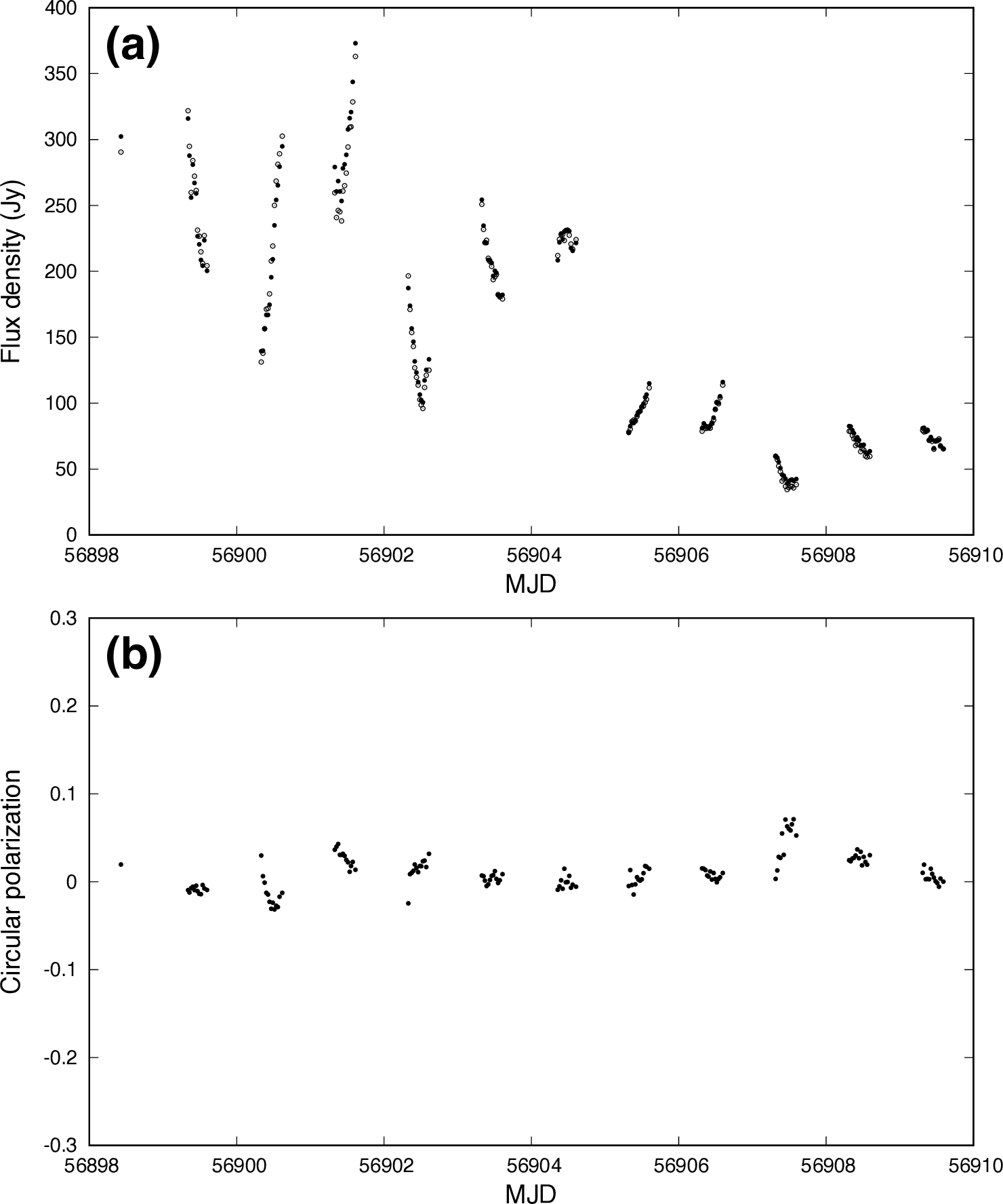 Figure 5: The light curves of RHCP (filled circle) and LHCP (open circle) (a) and circular polarization (b) of component II observed during the large burst in 2014. Alt text: Two graphs. The upper panel shows the flux variation of component II of the 6.7 GHz methanol maser of G33.641-​0.228. The lower panel shows the circular polarization of component II. The horizontal axis is common to both the upper and lower panels and represents the observation dates of 12 days at the burst in 2014.