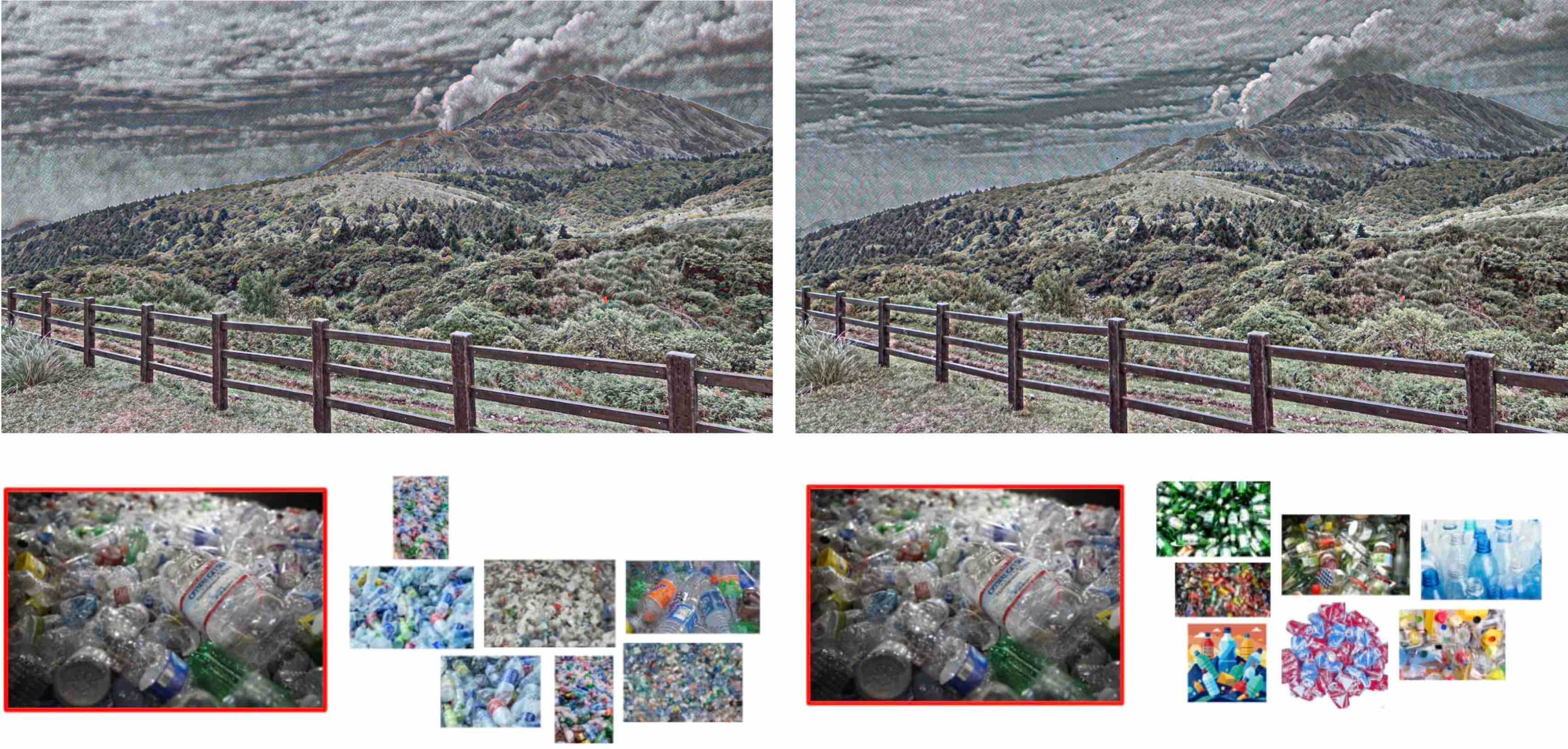 Figure 4: Effect of training set consistency on resulting visual textures. The left set of images show the output using more visually consistent style images, while the right uses more contrasting style images. The bottom row shows the style image sets used during training. It can be seen that similar styles maximize the presentation of style features (notice also the difference in clouds).