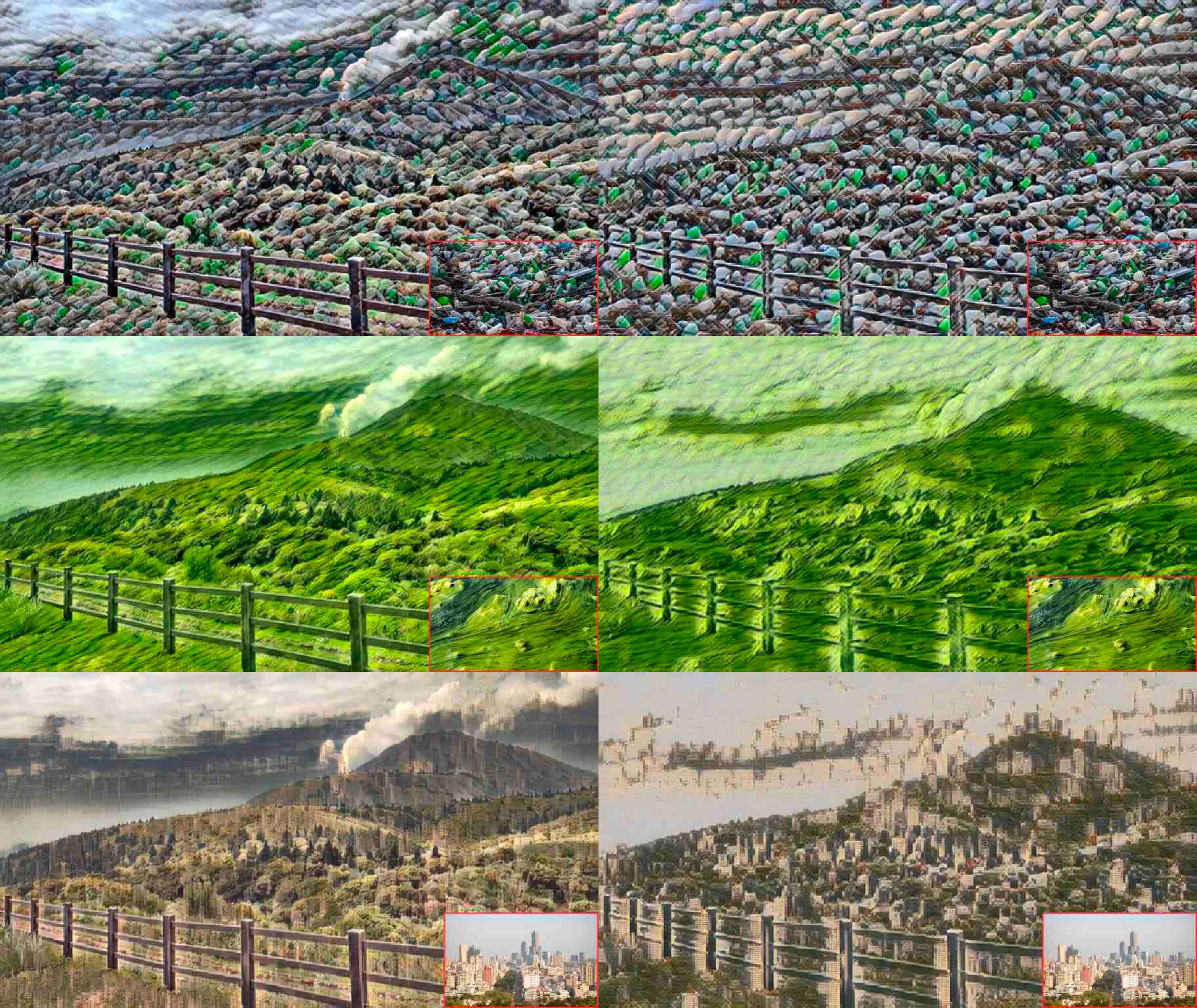 Figure 3: The left column shows features from shallower layers with more detailed textures. The right column shows features from deeper layers, resulting in a more blocky image. (From top to bottom: plastic bottle, eutrophication, and urban building style)