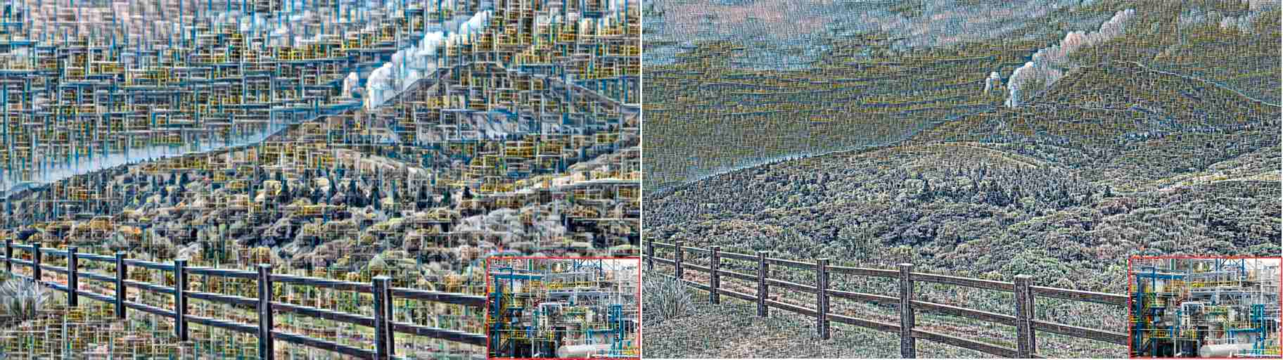 Figure 10: Stylistic texture vs. Resolution. (Left) Lower-resolution: Larger relative receptive fields result in modular abstraction, simplifying textures into geometric blocks. (Right) Higher-resolution: Smaller relative coverage preserves high-frequency details, capturing the dense repetitions of the Anthropocene.