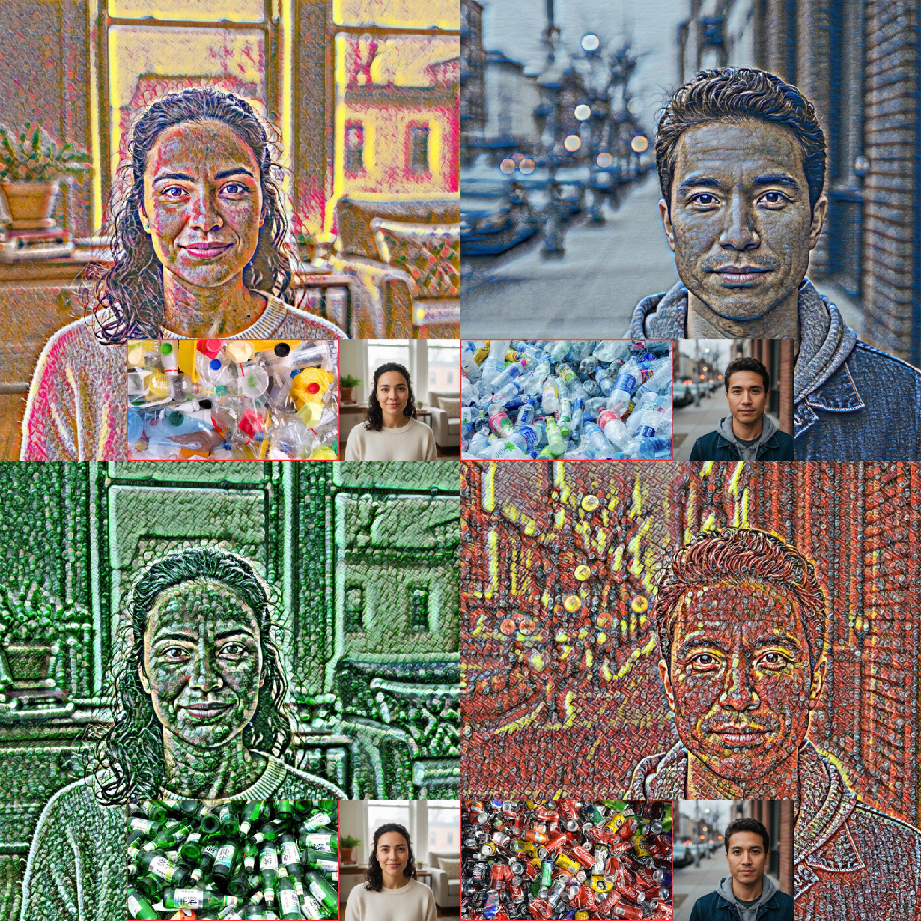 Figure 5: Images in the top row feature semi-transparent objects, resulting in a hazy, ethereal quality, compared to the more vibrant colors in the bottom row.