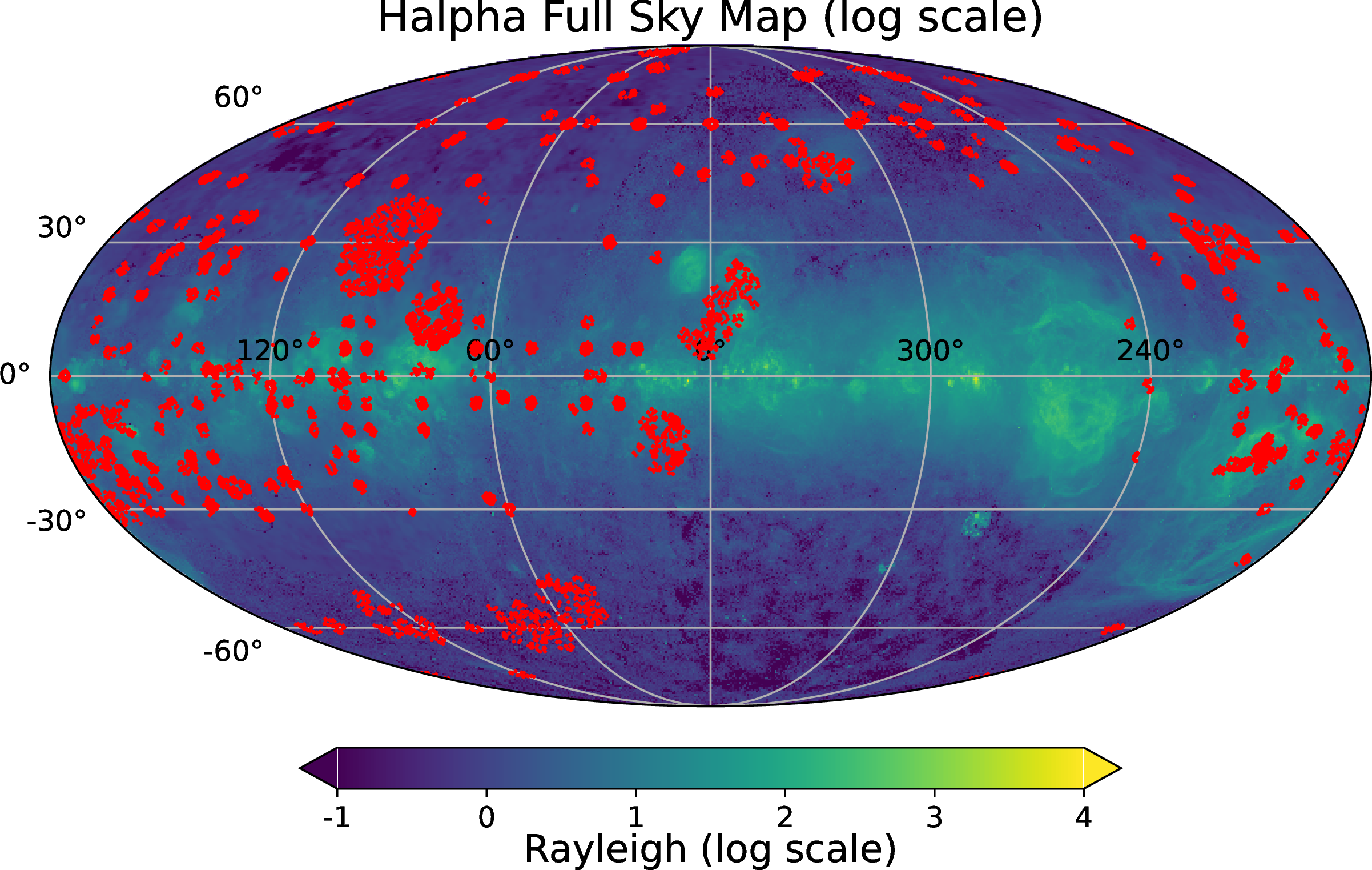 Figure 1: Full sky Galactic \rm H\alphamap from [13], with the MaStar visits filtered for quality flags in Table 1 overplotted (red crosses).