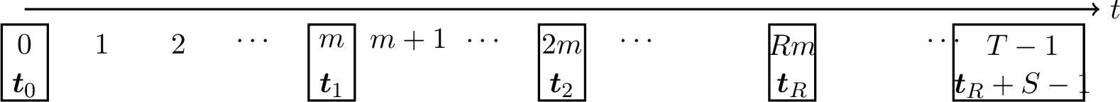 Figure 2: An illustration of the subsequence \{\boldsymbol{t}_j\}_{j=0}^R.