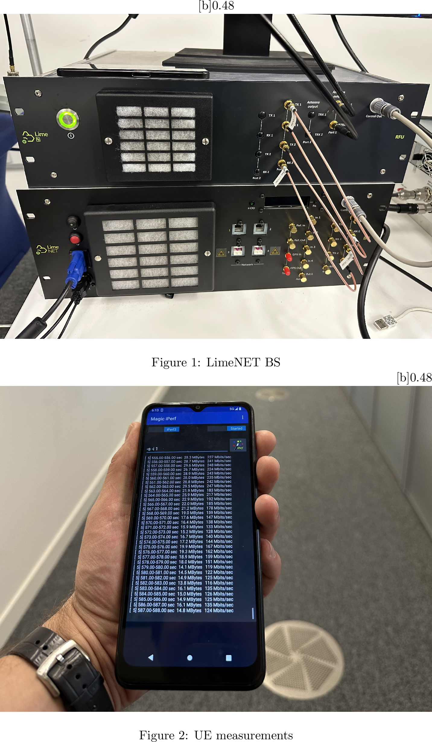 Figure 11: Dynamic UE measurement setup: a) the LimeNET 2x2 MIMO system b) iPerf test function performed on a 4x4 MIMO smartphone to obtain the throughput measurement