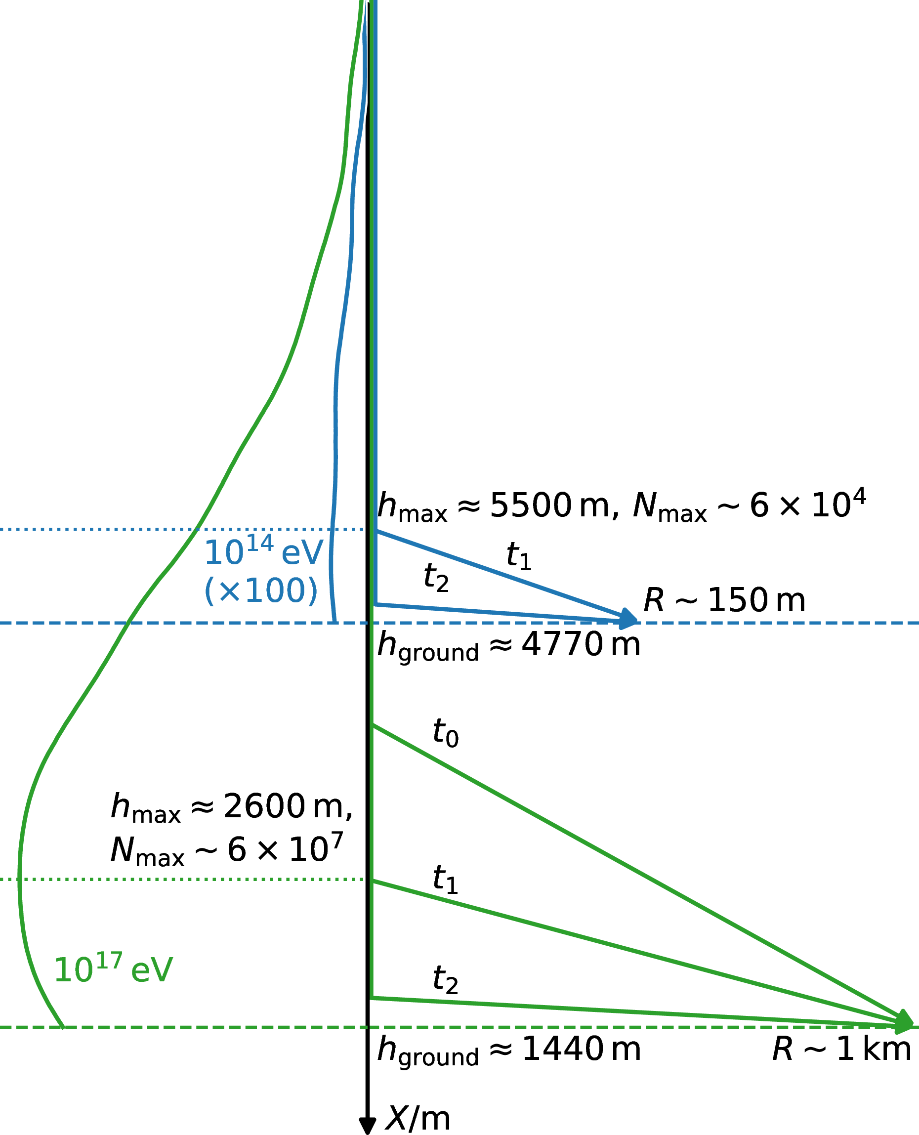 Figure 3: Diagram illustrating the differences in development and time structure of extensive air showers at different energies.The left hand side roughly represents the typical longitudinal profile of the showers, while the right hand presents the characteristics of the showers at X_{\rm max} (dotted lines), and at the ground level (dashed lines).The difference in arrival time between two possible particle trajectories, \Delta t \equiv t_2 - t_1, is of the order of hundreds of nanoseconds for the lower energy shower (100\,TeV, blue) and of the order of a microsecond for the higher energy shower (100\,PeV, green).The number of particles in the longitudinal profile of the lower energy shower has been scaled up by a factor of 100 for visualization purposes.