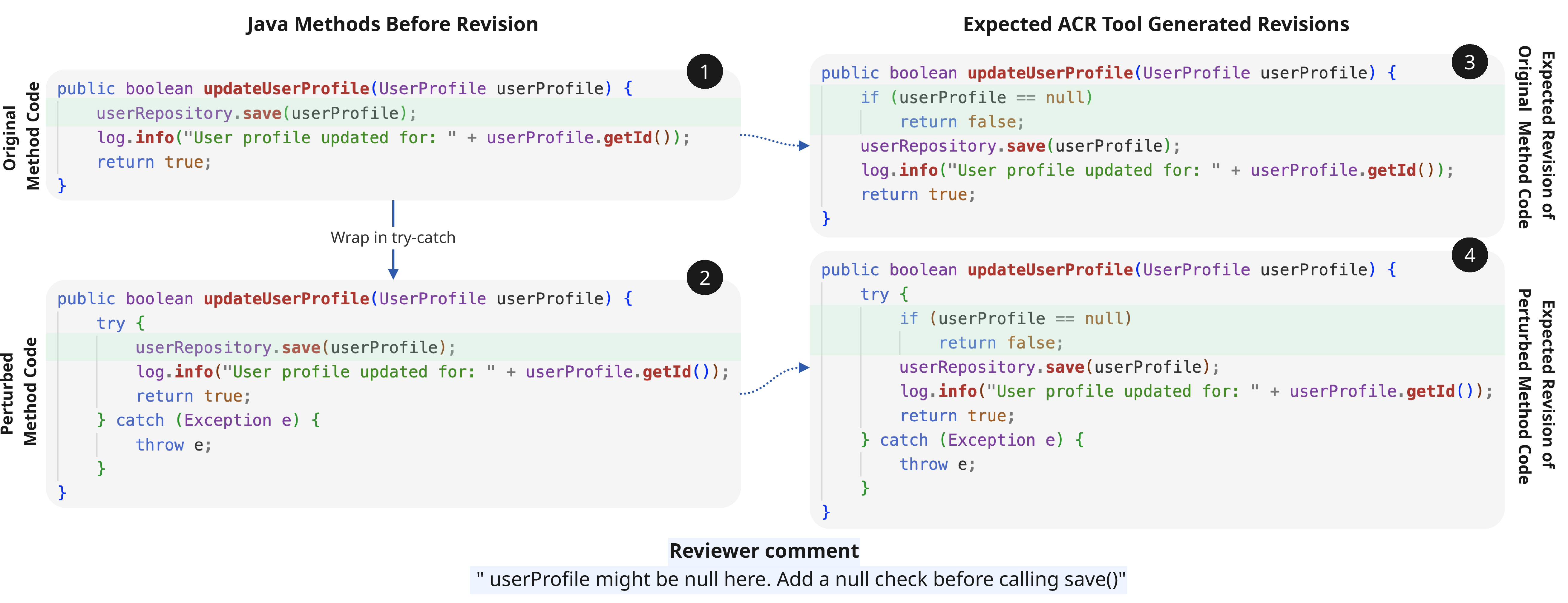 Figure 2: Example of original code ( ), its semantically equivalent variant ( ) and their expected revisions ( & ).