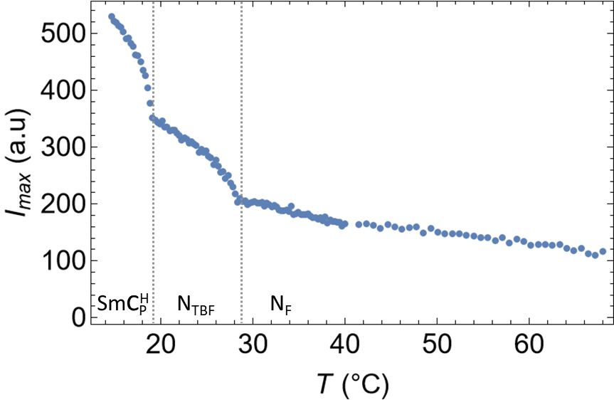 Figure 5: Temperature dependence of the amplitude of the X-ray scattering peak that corresponds to local smectic order.