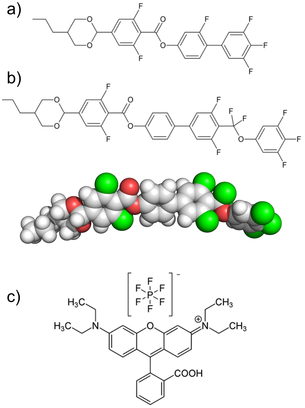Figure 6: Molecular structures of (a) DIO, (b) Compound 1 (with its optimized geometry calculated at the B3LYP-GD3BJ/aug-cc-pVTZ level of DFT as detailed in Ref. [14] evidencing its slightly bent shape), and (c) Modified RhB.