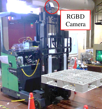 Figure 6: Experimental platform using Toyota Rinova AGF 8AFBR15 where the RGBD camera is mounted on the top of the mast.