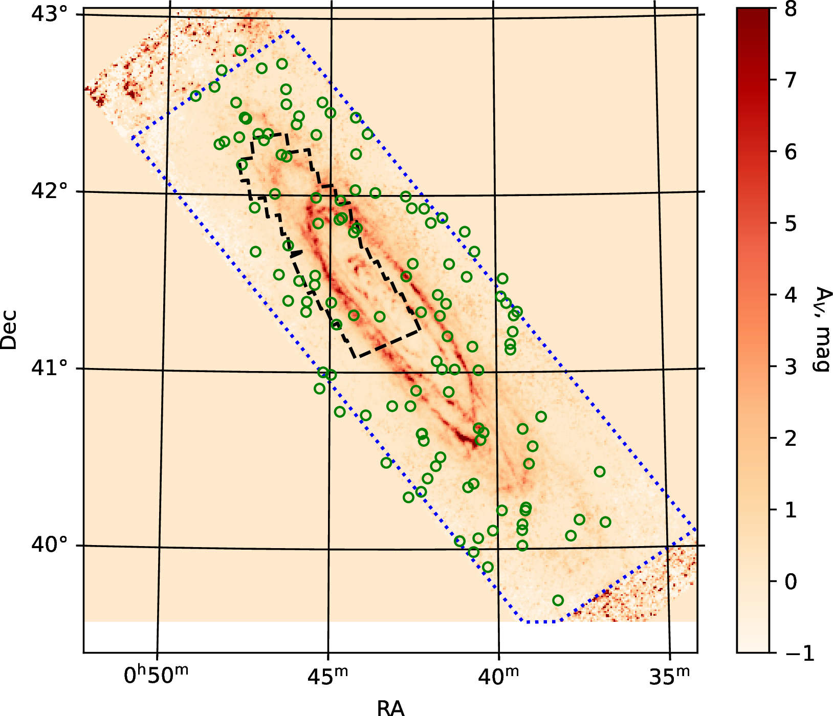 Figure 7: Location of the quasars from our sample on the reddening maps (green open circles) of [69] and [71].