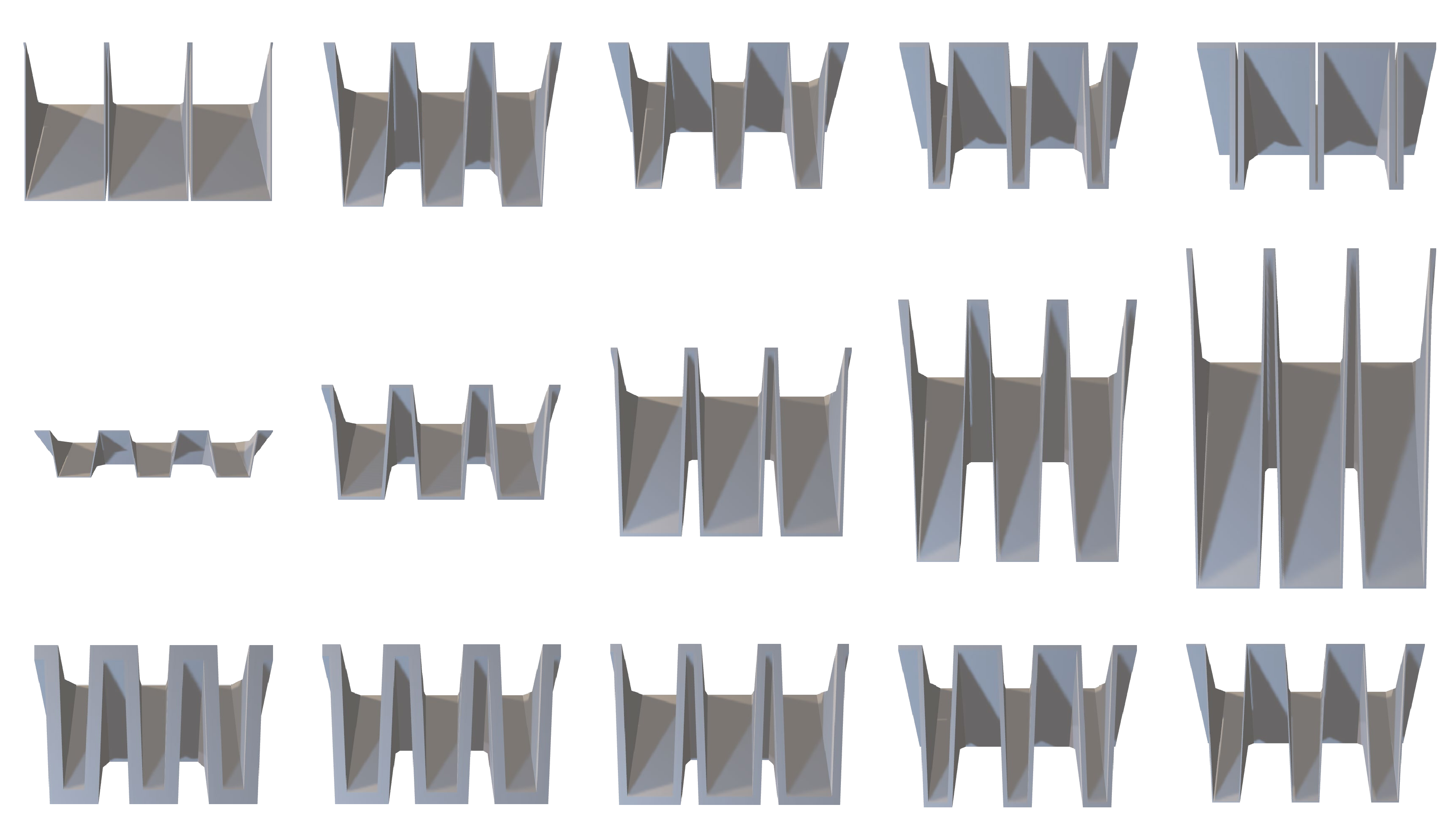 Figure 3: Exemplary geometries from the dataset showing variations in key widths, overhang lengths and wall thickness.