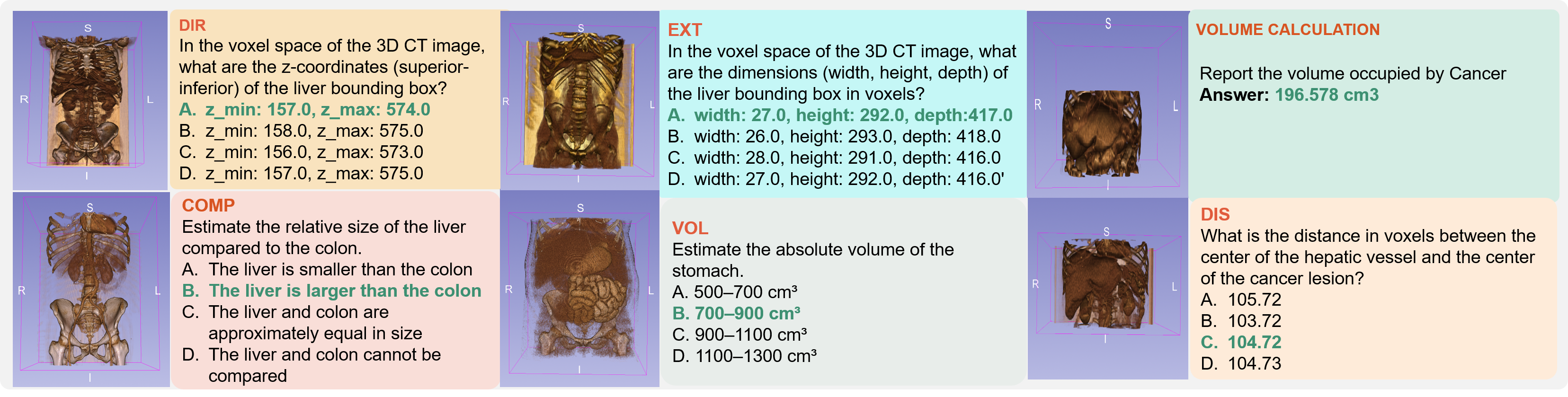 Figure 1: Task demonstrations in the SpatialMed, covering six spatial reasoning tasks, with corresponding 3D CT visualizations.
