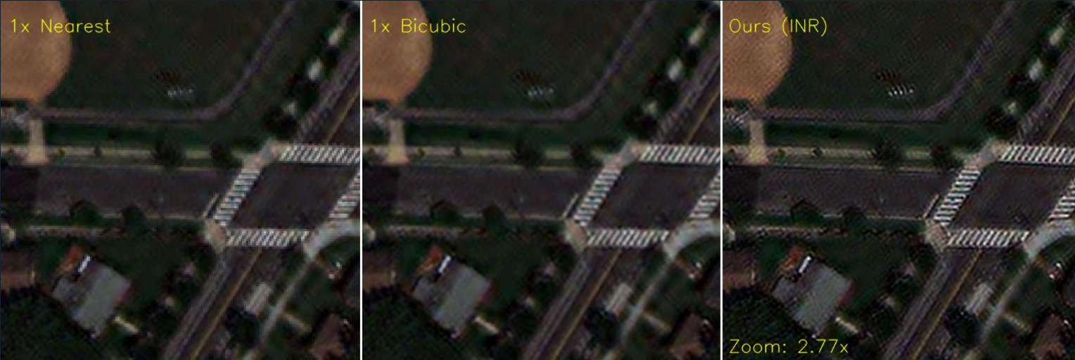 Figure 8: Visual comparison of nearest-neighbor upsampling, bicubic interpolation, and G-ZAP at a scale factor of 2.77 on WV2, where G-ZAP preserves clearer details.