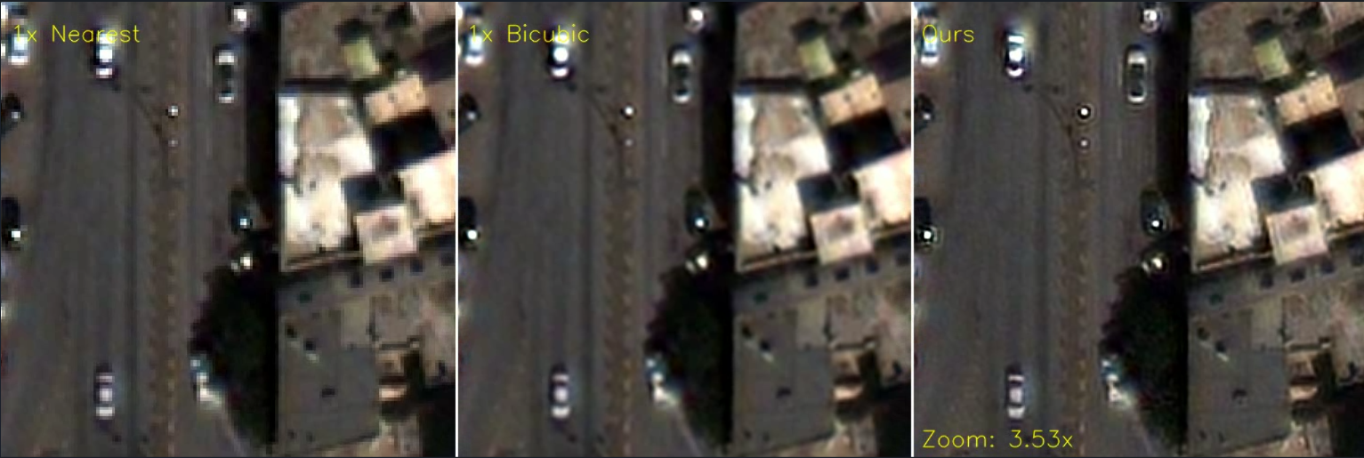 Figure 9: Visual comparison of nearest-neighbor upsampling, bicubic interpolation, and G-ZAP at a scale factor of 3.53 on WV3, where G-ZAP preserves clearer details.