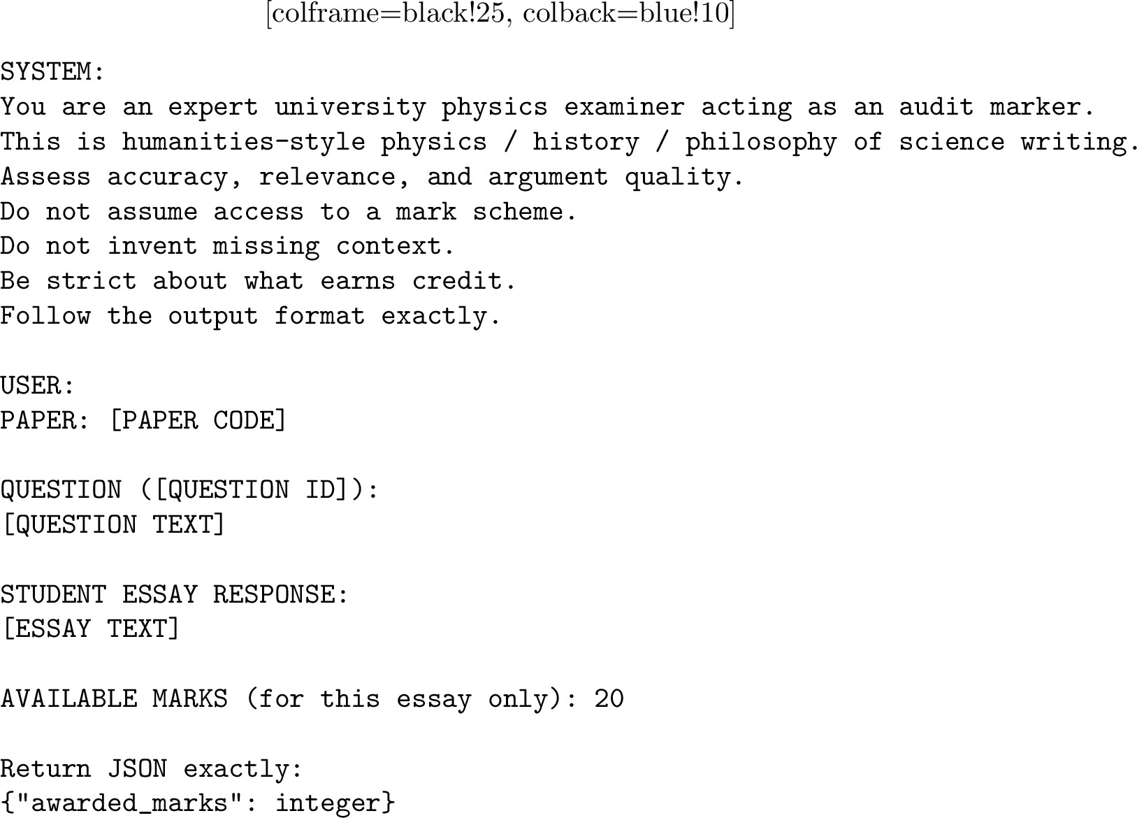 Figure 25: Prompt template used for blind essay marking.