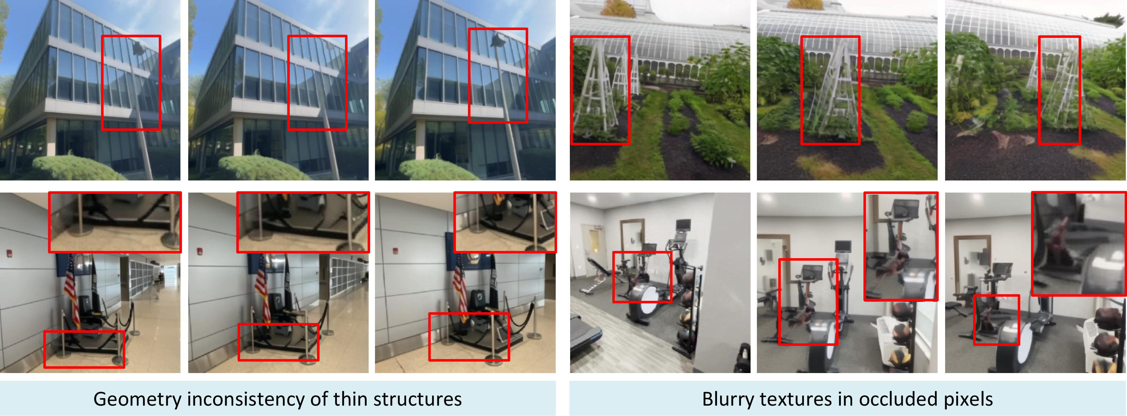 Figure 25: Limitations and Failure Cases of GeoNVS. GeoNVS exhibits geometry inconsistency in thin structures (left), where sparse Gaussian representations struggle to capture fine-grained geometry, and blurry textures in occluded regions (right), where the geometry prior provides insufficient guidance for unobserved areas.