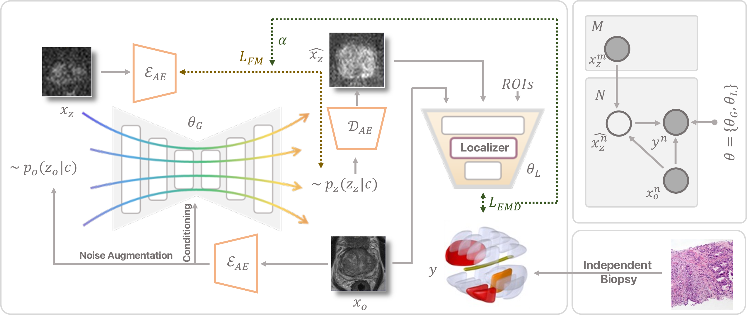 Figure 2: The left shows the proposed GEM framework with two components: a latent modality generator f_G generating latent images \hat{x}_z from observed images x_o, and a cancer localizer f_L localizing lesions using x_o and \hat{x}_z. Biopsy-derived Barzell-zone labels y are colored orange and red for ISUP grades 2 and \ge 3, with others labeled negative. The right shows GEM’s graphical model: the latent variable \hat{x}_z is generated from x_o and \theta (E-step), while \theta is updated using \hat{x}_z and data \mathcal{T} (M-step). r is omitted for clarity.