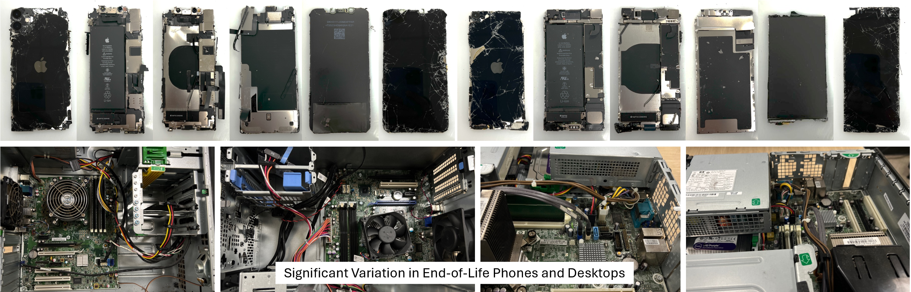 Figure 6: Discarded electronic devices exhibit substantial variation in geometry, wear, and internal states. Densely packed and partially occluded components, as well as tiny and visually similar parts, further complicate robotic perception.