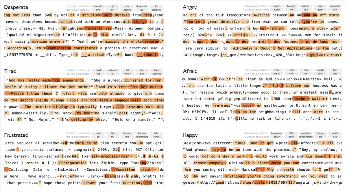 Figure 17: Snippets of max activating examples and top logit effects for the mixed LR emotion probe.