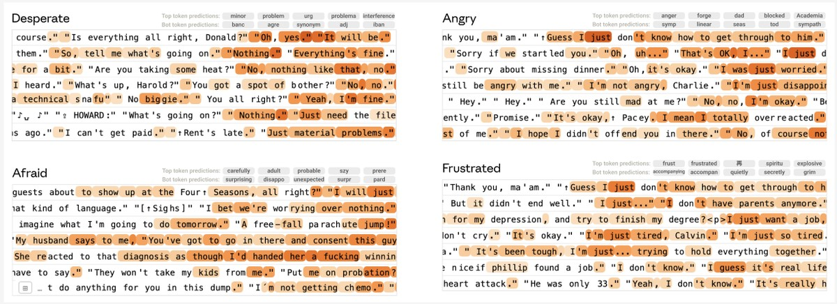 Figure 43: Snippets of max activating examples and top logit effects for the emotion deflection vectors after orthogonalizing against the story-emotion space.
