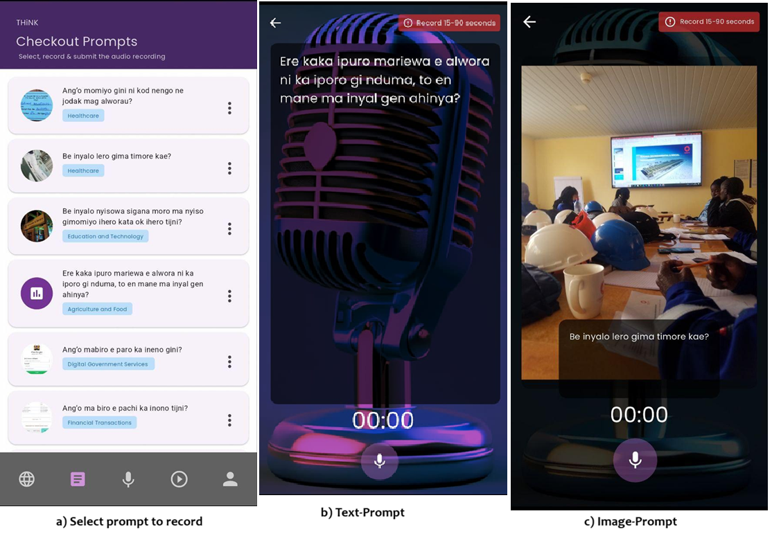 Figure 3: The Custom Voice Collection App: unscripted speech recording workflow, illustrating prompt selection, noise check, recording and playback, and submission confirmation.