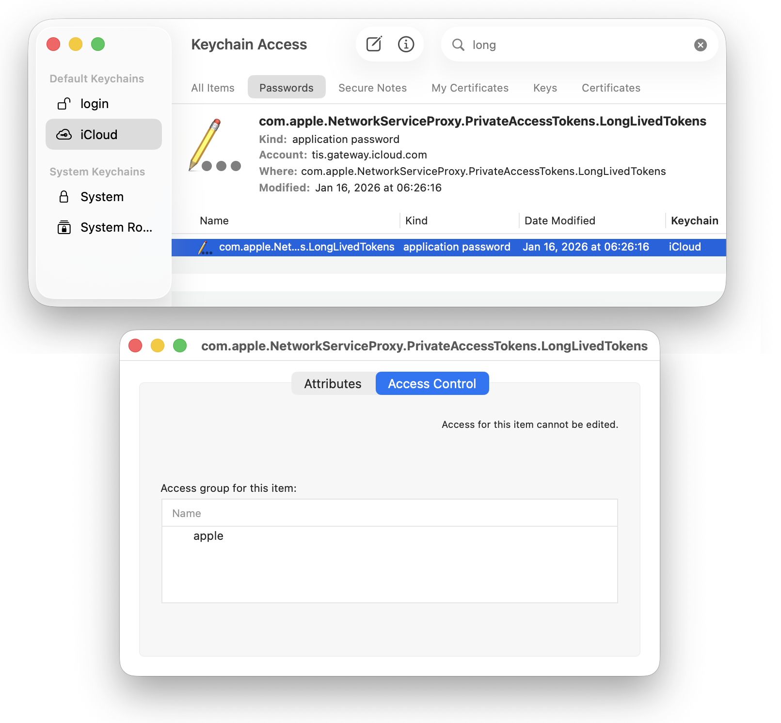 Figure 6: TGT now saves to the iCloud keychain on macOS 26.2 after Apple deployed the mitigation with access group set to ‘apple’.