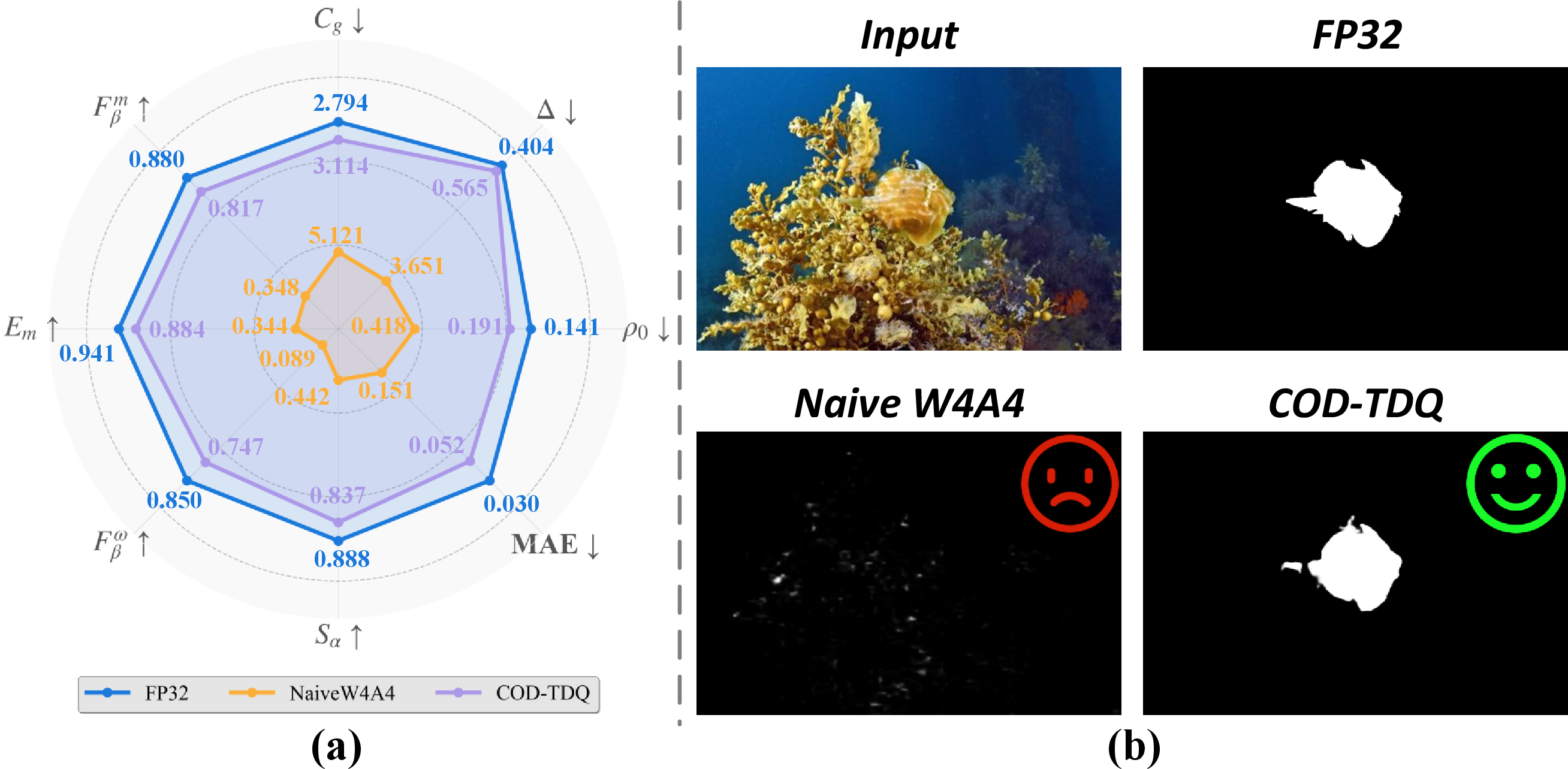 Figure 1: COD-specific W4A4 failure. Naive W4A4 inflates a shared clipping range, producing a coarse step size and high zero-bin mass that erases weak boundary evidence. The inset summarizes representative diagnostics (c_g,\Delta,\rho_0) and the associated S_\alpha collapse/recovery on CFRN/NC4K (rounded to three decimals).