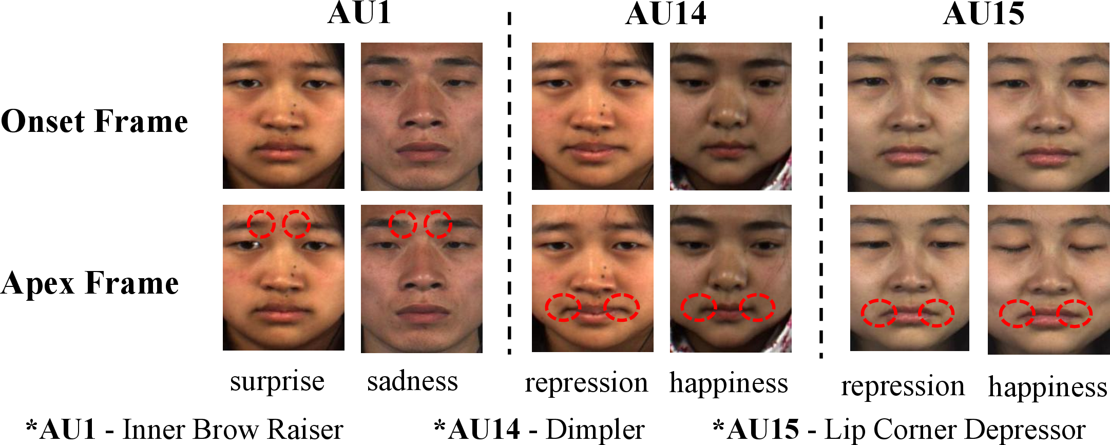 Figure 1: Some samples exhibit identical Action Unit activation patterns yet correspond to distinct emotion categories, characterized by highly similar visual motion features. This phenomenon can even occur in the same subject, highlighting the challenge of emotion discrimination relying solely on visual motion features.