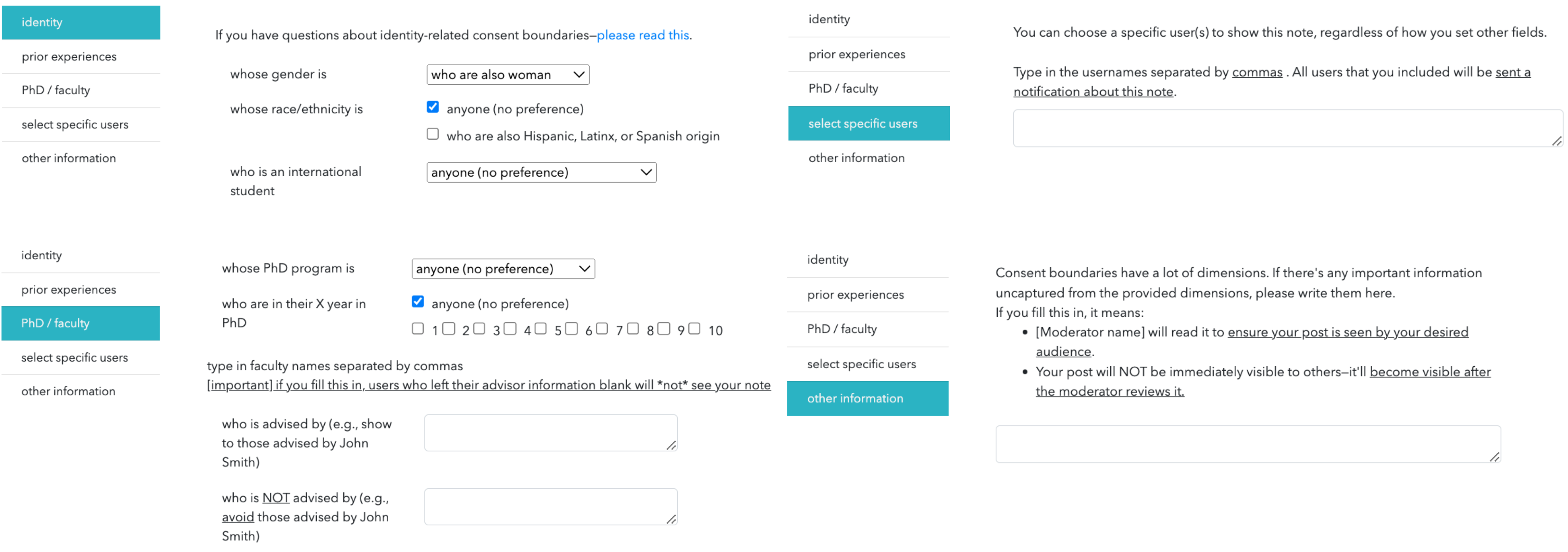 Figure 3: Different dimensions of consent boundary. The high-level categories included: identity, challenges experienced in advising relationships (Figure 2), PhD program/faculty-related factors, specific users, and other information. We explain each category in Section 4.2.2.