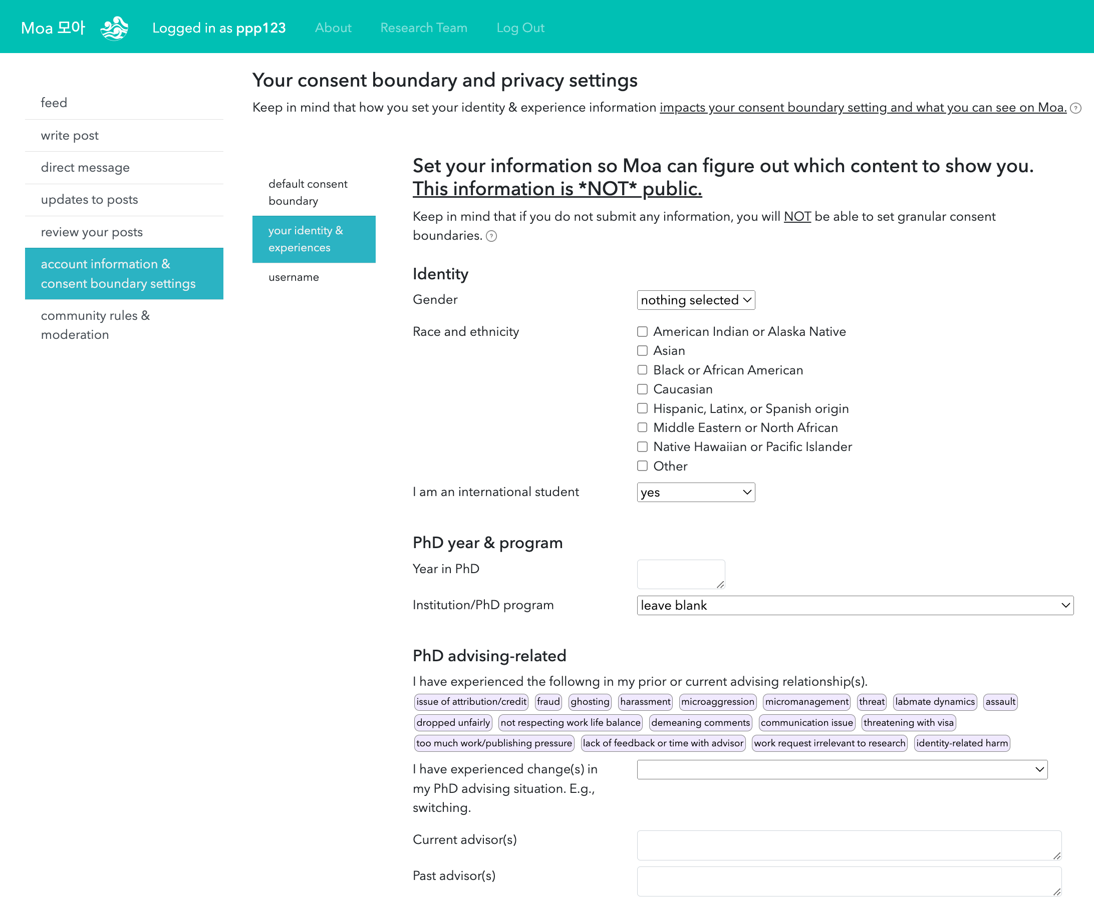 Figure 11: Users can update their identity traits and experiences on Moa in the account settings page.