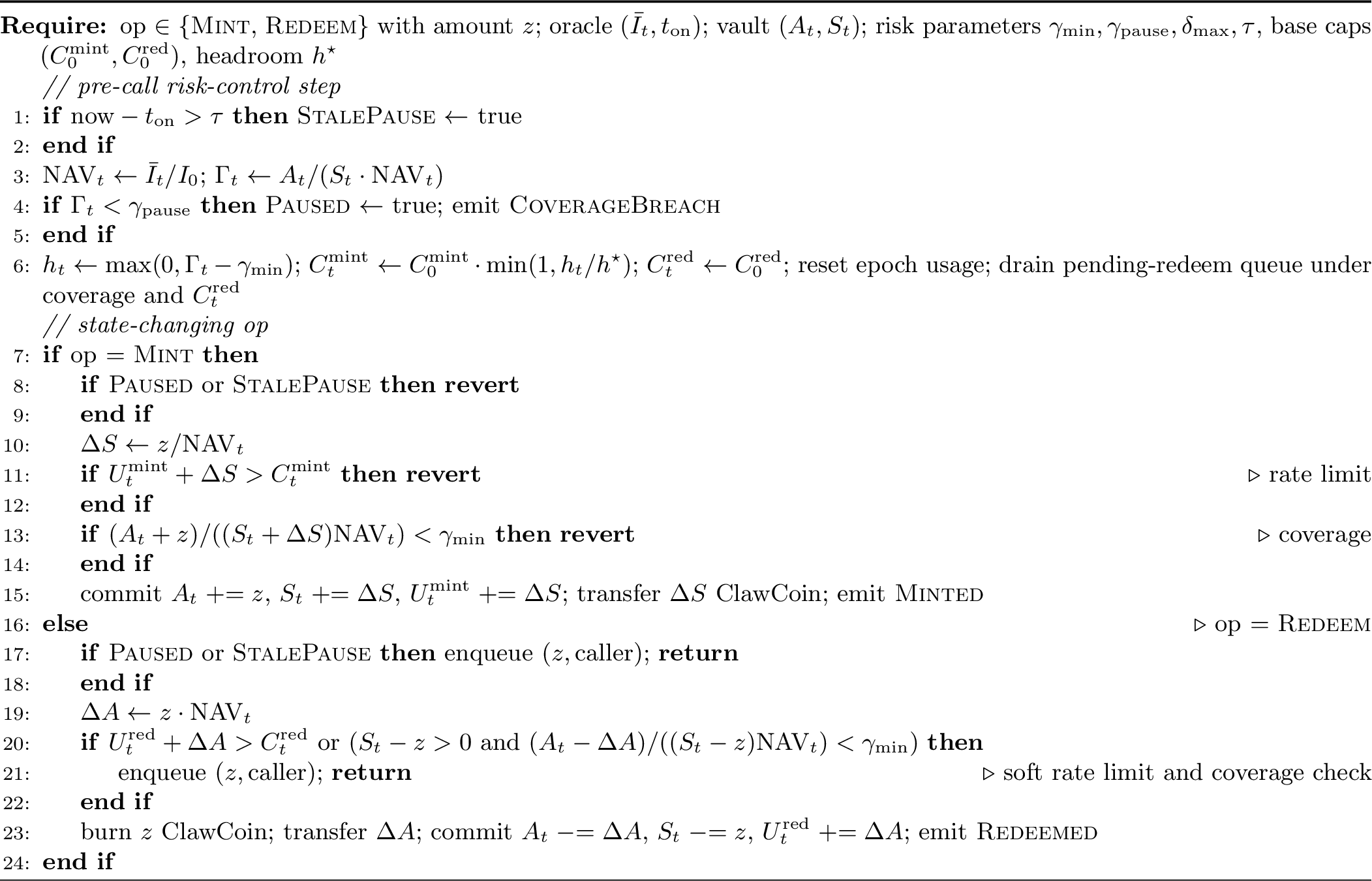 Figure 2: VaultOperation: mint, redeem, and pre-call risk check.