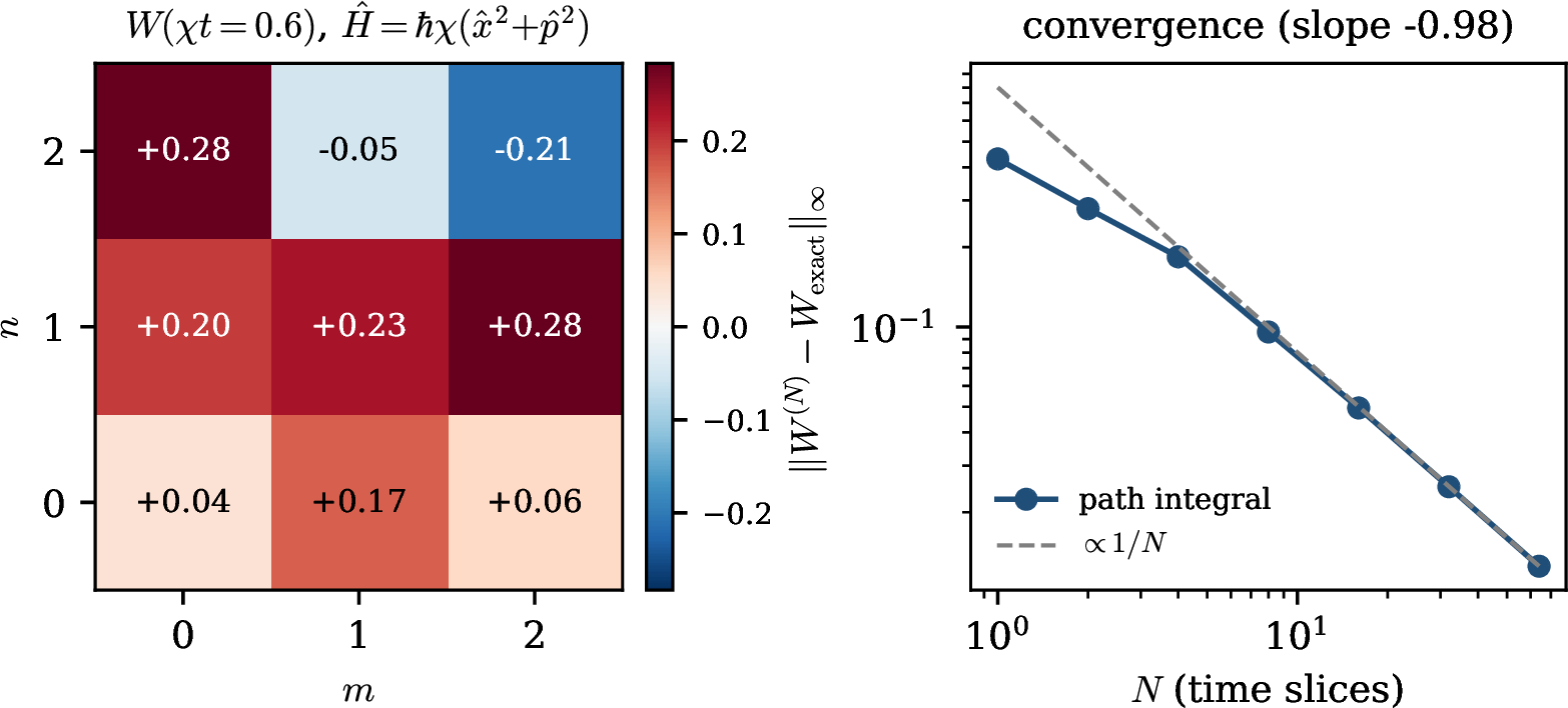 Figure 3: Non-stabilizer single qutrit with \hat{H} = \hbar\chi(\hat{x}^2+\hatp^2), evolved from |\,x,0\, \rangle. Left: the exact discrete Wignerfunction at \chi t = 0.6 exhibits negativity (minimum \approx-0.21), so the state lies outside the stabilizer set and the dynamicsis non-classical. Right: convergence of the iterated short-time pathintegral (21 ) to the exact Wigner function as thenumber of time slices N increases. Because \hat{H} is notstabilizer-diagonal, the short-time symbol (19 ) is onlyO(\tau^2) accurate and the path integral is exact only in the limitN\to\infty; the error decays as O(1/N) (dashed guide), in contrastto the stabilizer-diagonal examples ofSecs. 6.1–6.2, which are exact atany N.