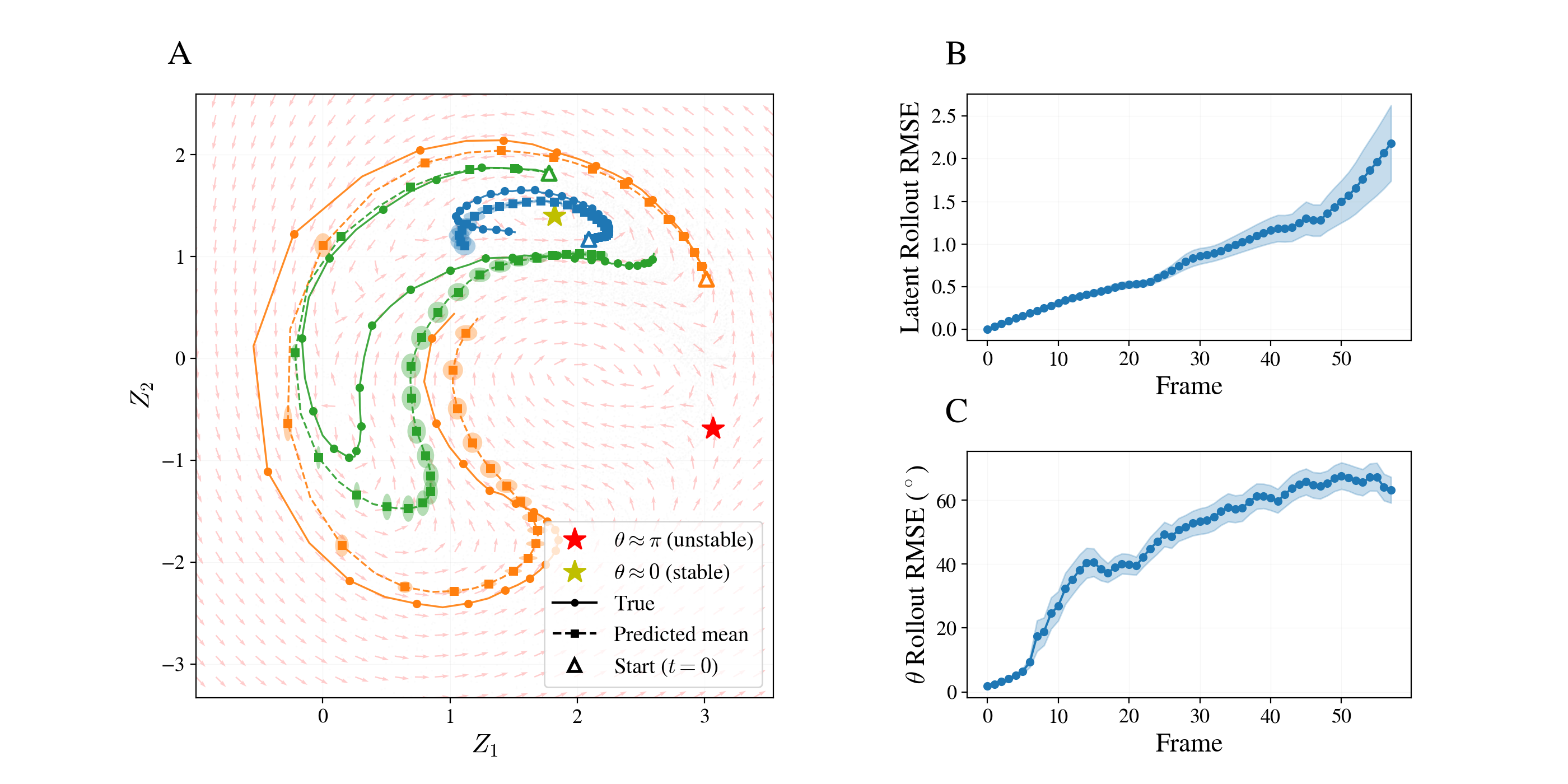 Figure 7: Long-term latent dynamics and forecasting (k_z = 2, n_F = 2, N = 1000, n_s=1). (A) Learned vector field \mu_\delta(z_x) overlaid on the latent phase space, for the same training run as shown in Fig. 6. Three representative trajectories are shown: true (solid circles) and predicted mean over stochastic rollout (dashed squares), starting from the triangle marker; shaded regions show \pm 1 s.e.over stochastic samples. Yellow and red stars mark the stable, (\theta, \omega) \approx (0, 0), and unstable, (\theta, \omega) \approx (\pi, 0), fixed points. (B) Latent RMSE as a function of rollout step, averaged over 40 stochastic rollouts; shaded band shows \pm 1 s.e. (C) Corresponding \theta RMSE in degrees, using the random-feature linear probe. Errors accumulate approximately linearly, consistent with the accumulation of integration errors over long rollouts.