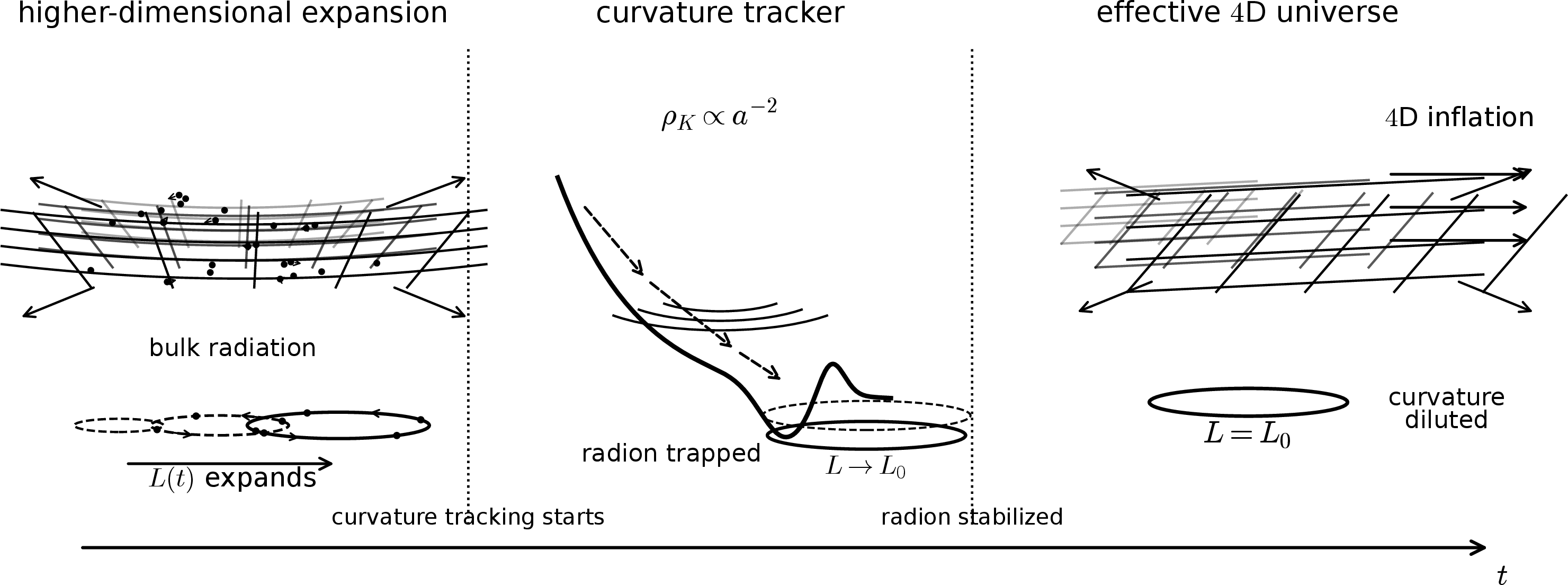 Figure 2: Illustration of our scenario. The universe starts from a higher-dimensional expanding phase with dynamical compact dimensions. Bulk radiation can carry momentum both along the non-compact directions and around the compact space. In the early phase, the compact space volume L increases, which means that the modulus rolls down a steep potential. Nevertheless, the negative curvature component, redshifting as \rho_K\propto a^{-2}, can drive a tracker-like modulus evolution. After the modulus is stabilized at L=L_0, a subsequent four-dimensional inflationary phase dilutes the curvature contribution.